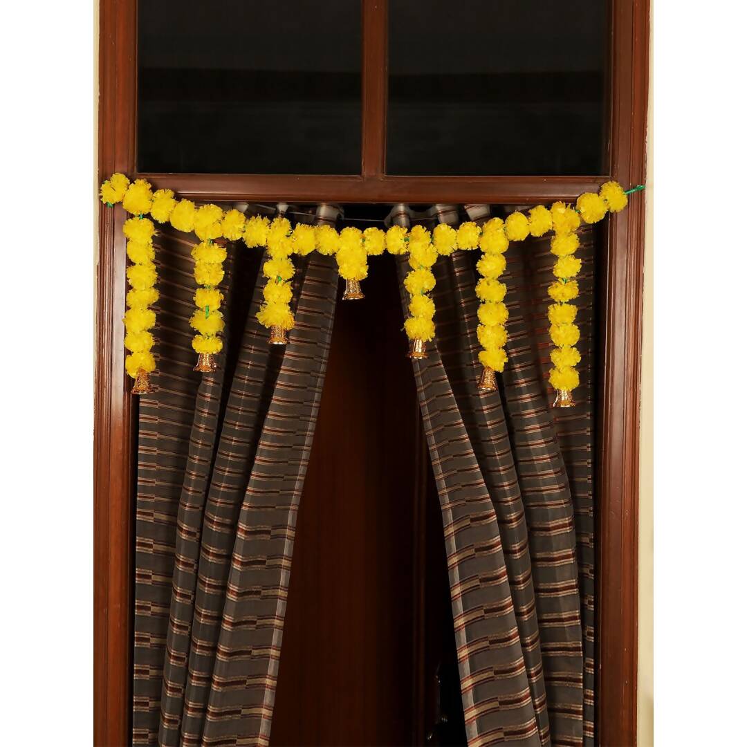 Tied Ribbons Yellow Entrance Hanging Marigold Flowers Bandhanwar Toran Garland with Bells 
