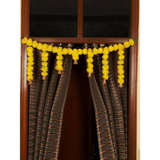 Tied Ribbons Yellow Entrance Hanging Marigold Flowers Bandhanwar Toran Garland with Bells 
