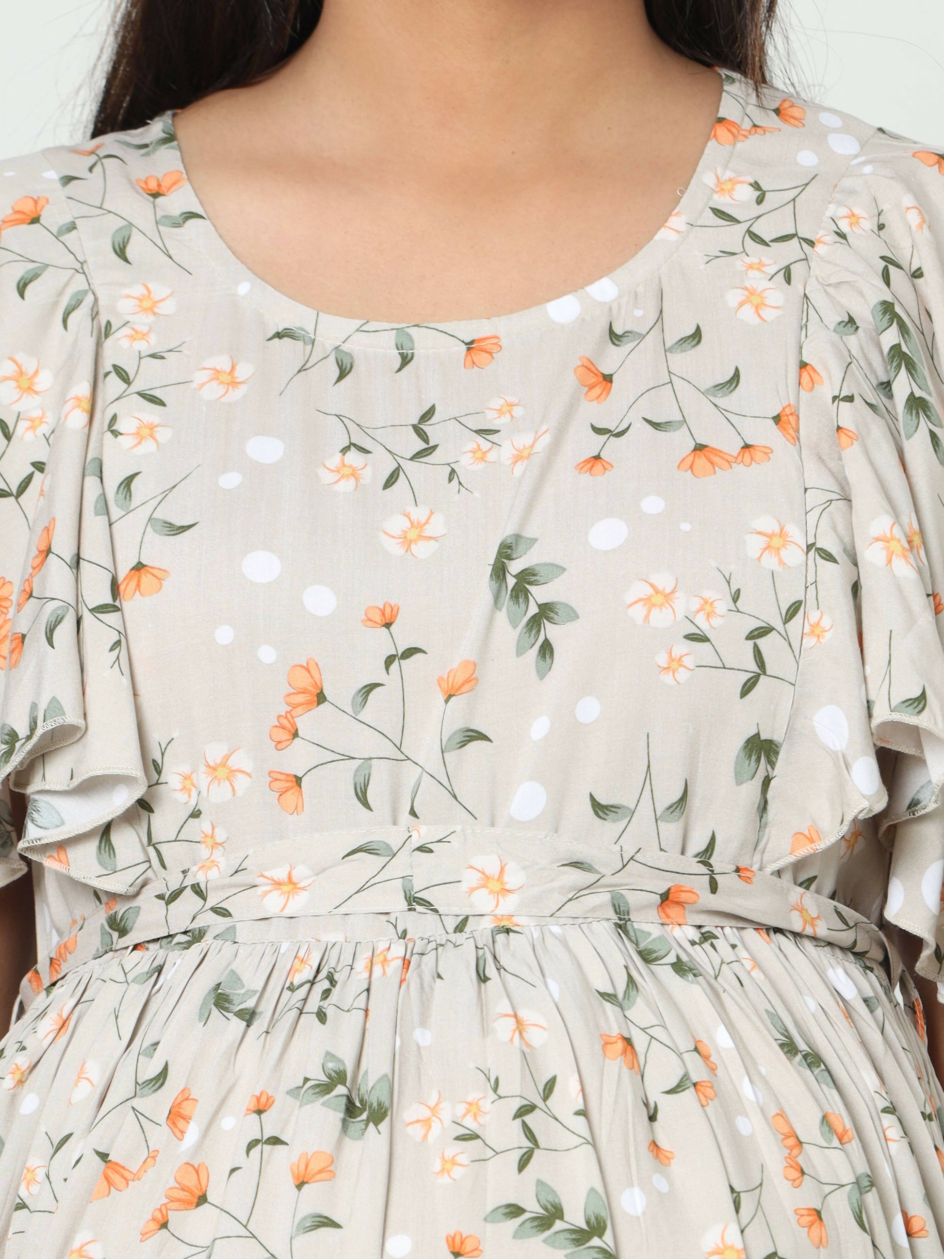 Manet Frill With Sleeves Maternity Dress Floral Print With Concealed Zipper Nursing Access - Cream
