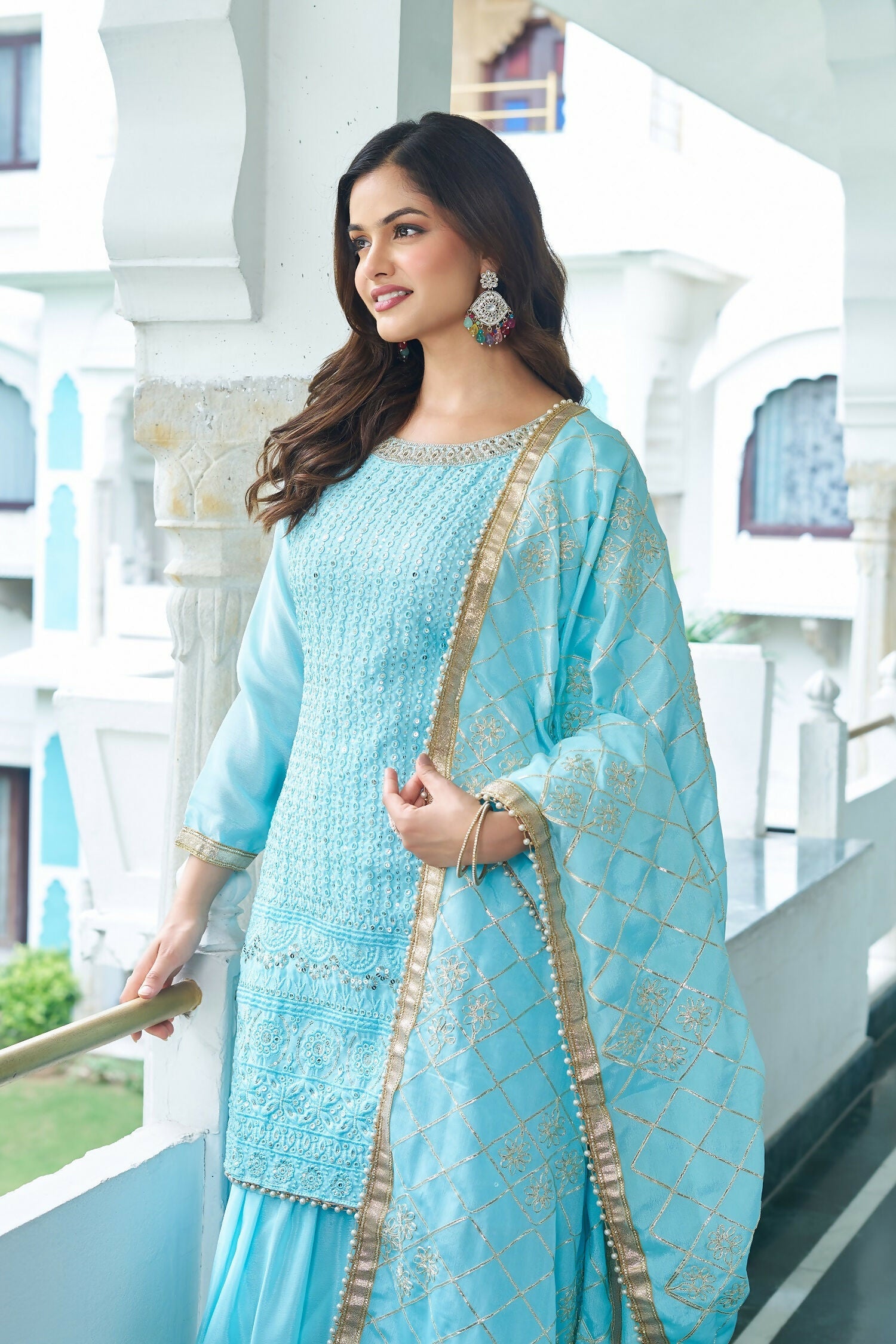 Joban Fashion Sky Blue Chinon Silk Embroidery Sequence Work Readymade Kurta Set