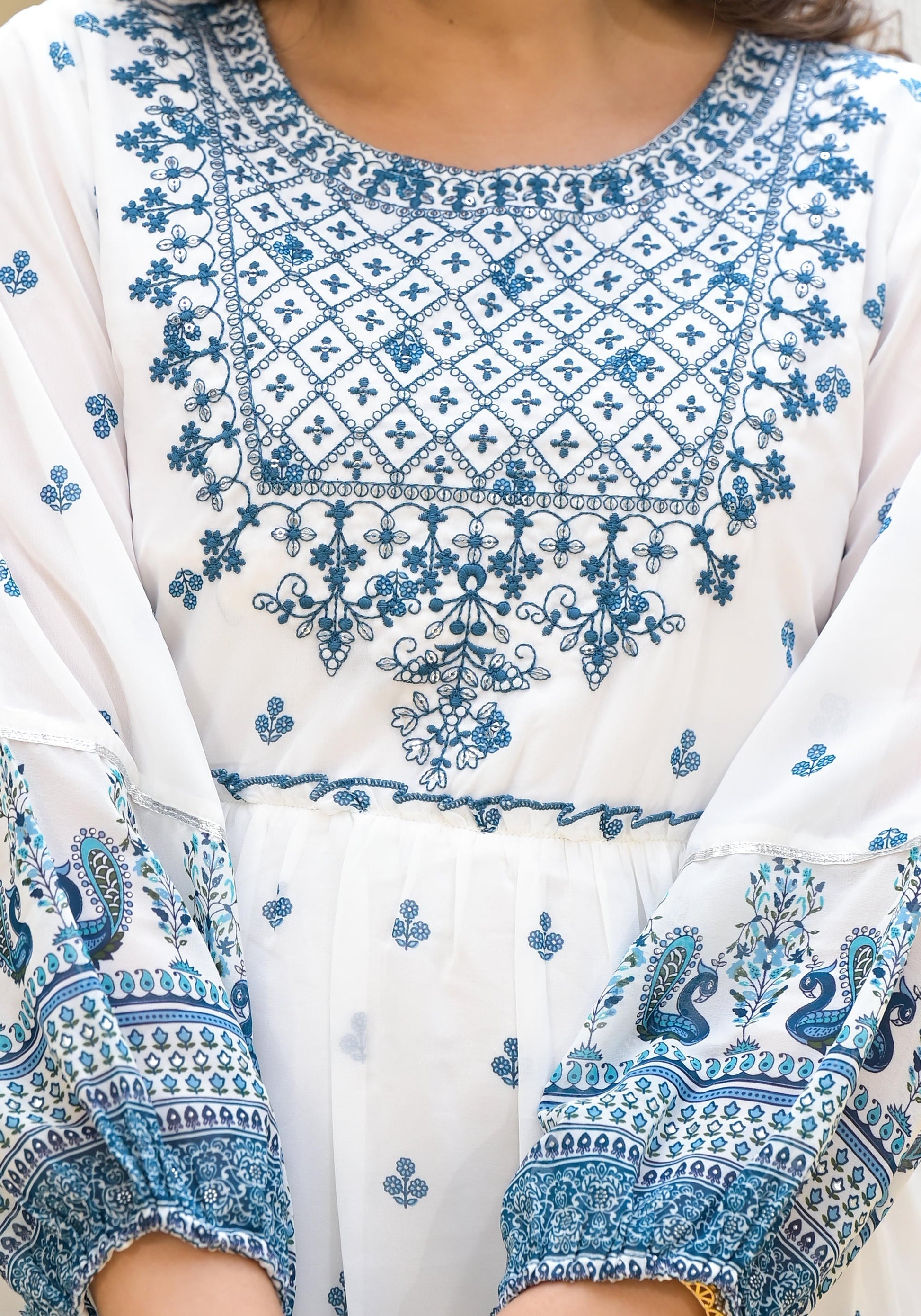 Juniper White Ethnic Motif Printed Georgette Dress With Thread Embroidery