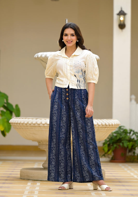 Juniper Blue And White Floral Printed Rayon Clothing Set With Thread Embroidery & Buttons