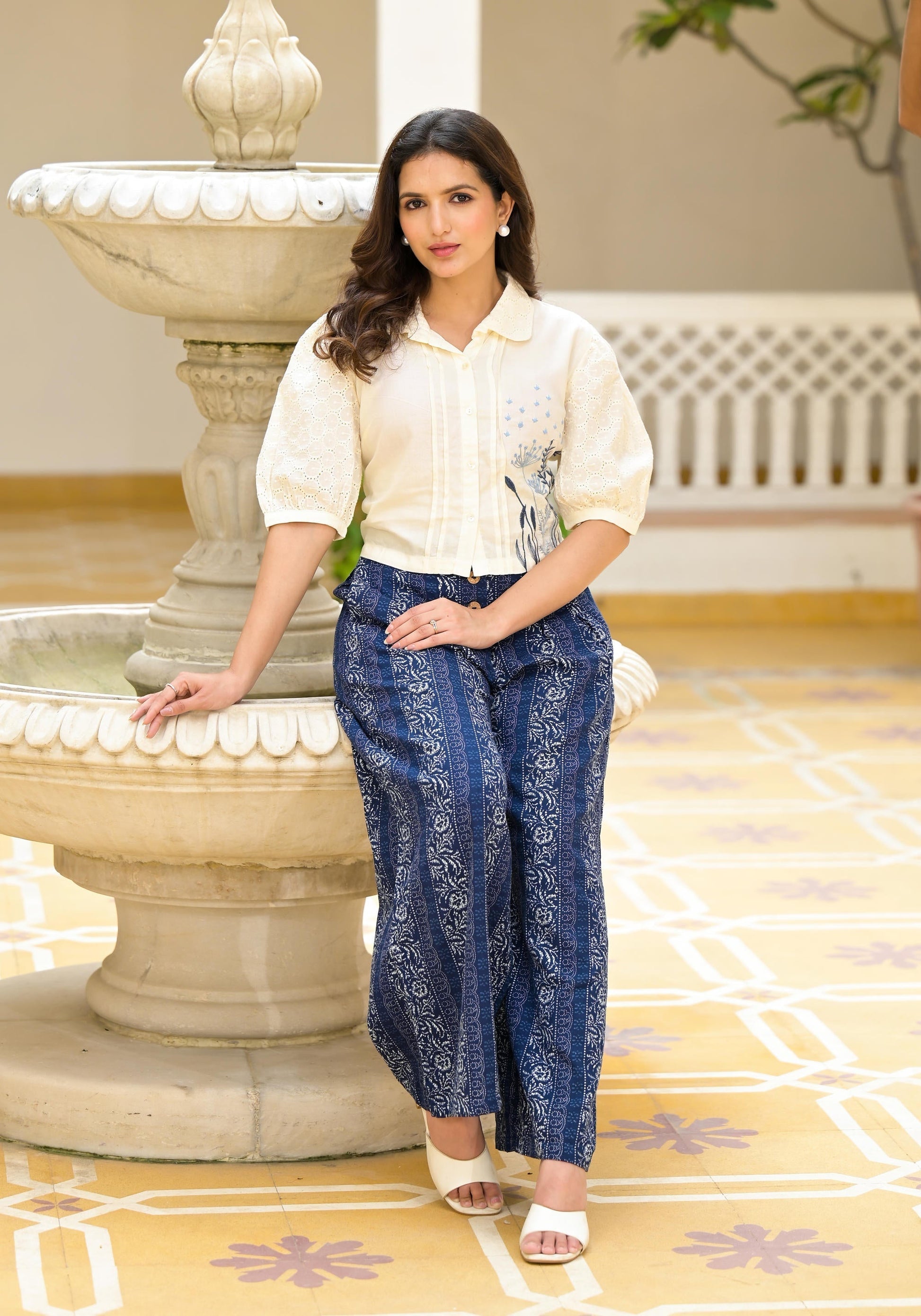 Juniper Blue And White Floral Printed Rayon Clothing Set With Thread Embroidery & Buttons