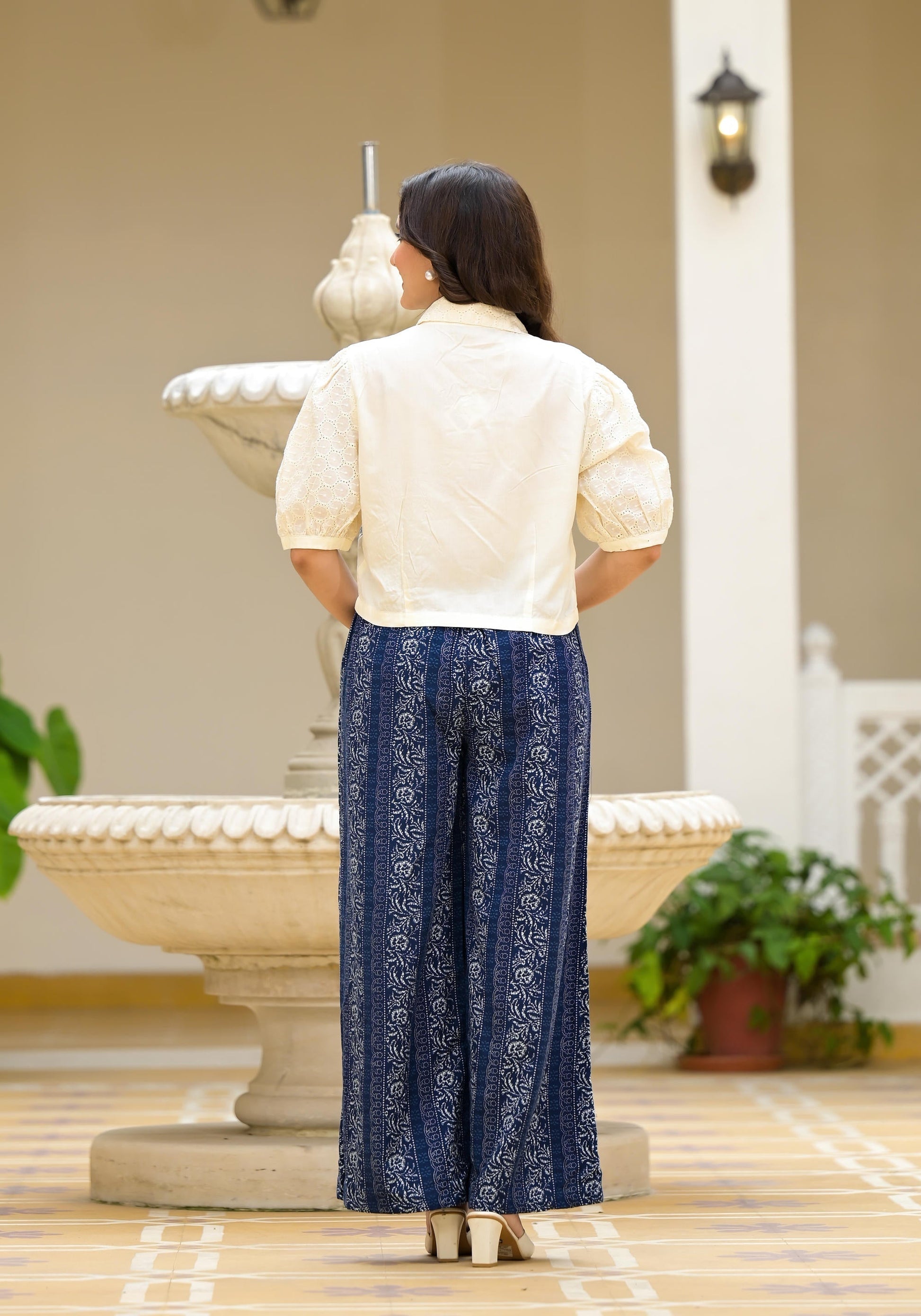 Juniper Blue And White Floral Printed Rayon Clothing Set With Thread Embroidery & Buttons