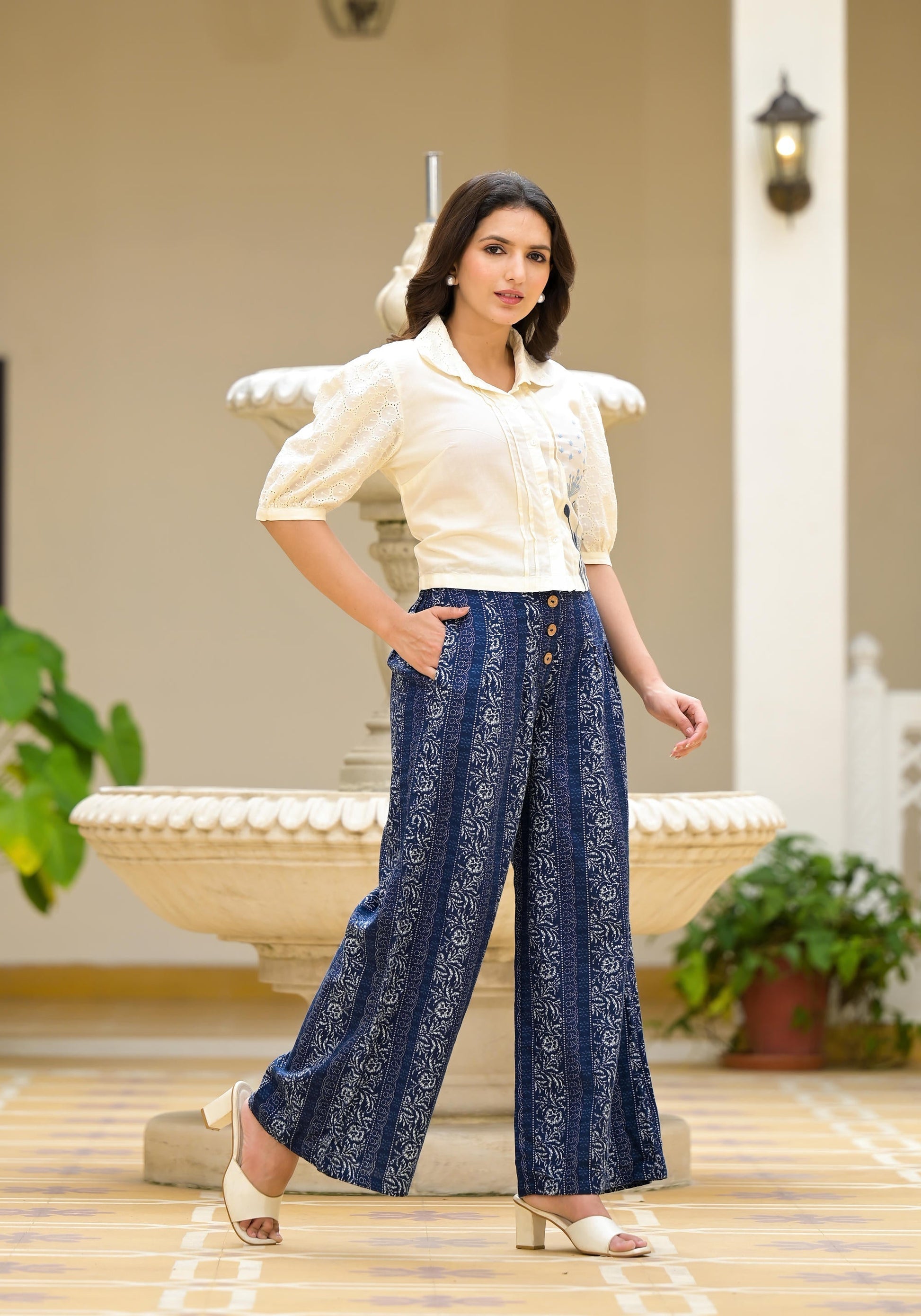 Juniper Blue And White Floral Printed Rayon Clothing Set With Thread Embroidery & Buttons