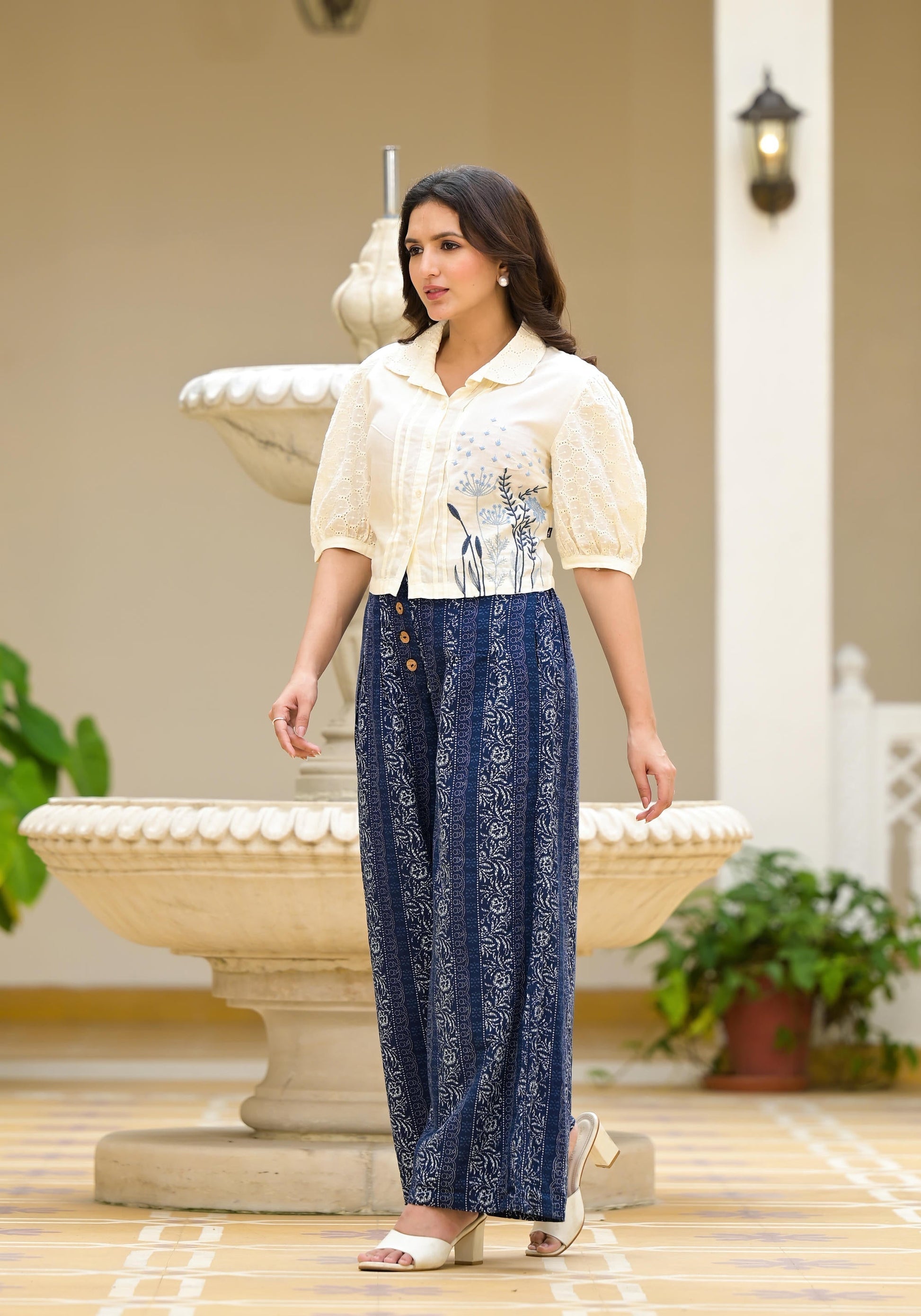 Juniper Blue And White Floral Printed Rayon Clothing Set With Thread Embroidery & Buttons