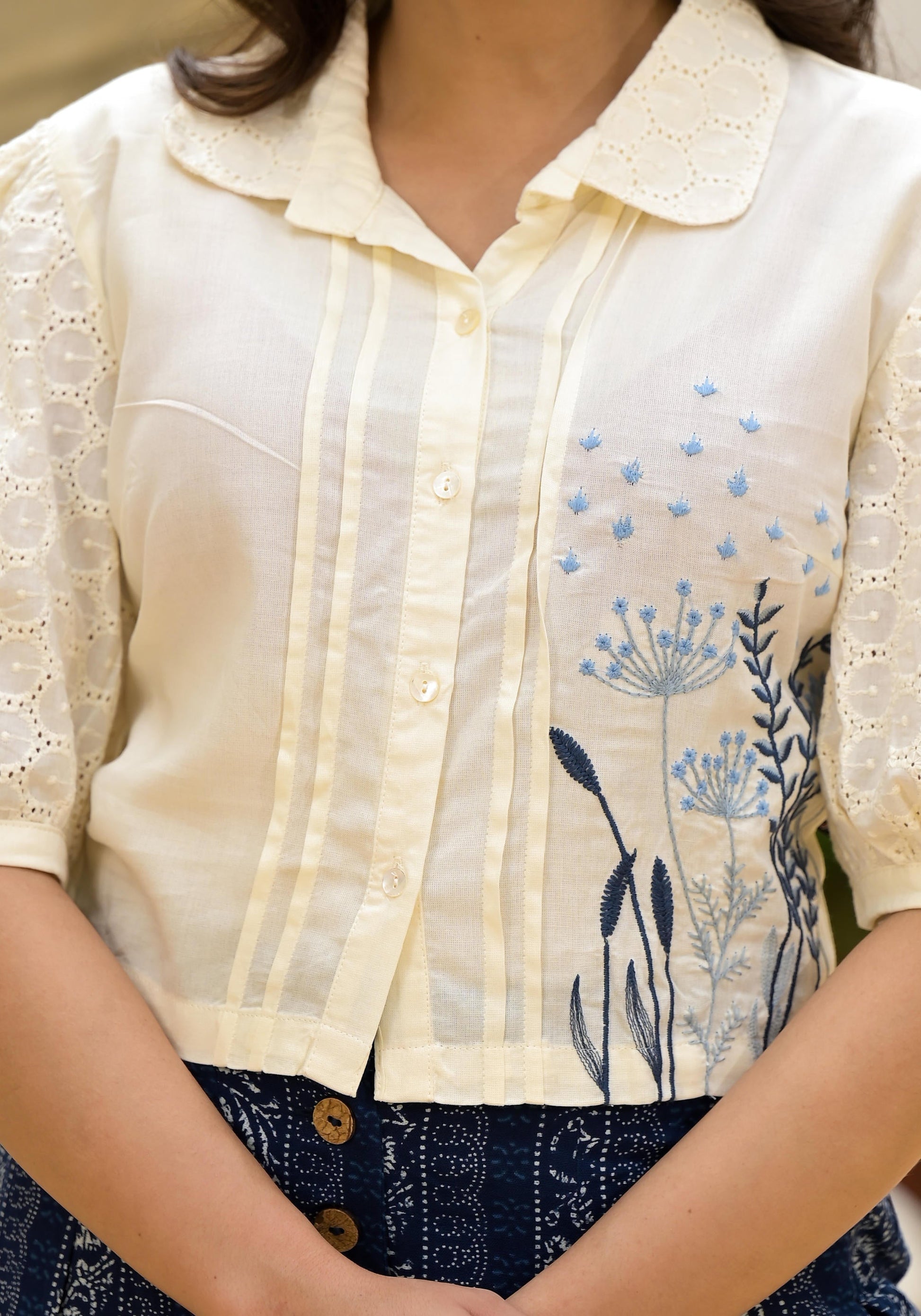 Juniper Blue And White Floral Printed Rayon Clothing Set With Thread Embroidery & Buttons