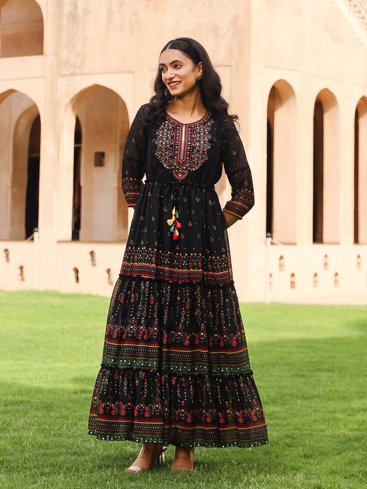 Juniper Black Ethnic Motif Printed Georgette Maxi Dress With Sequins & Doris At Waist