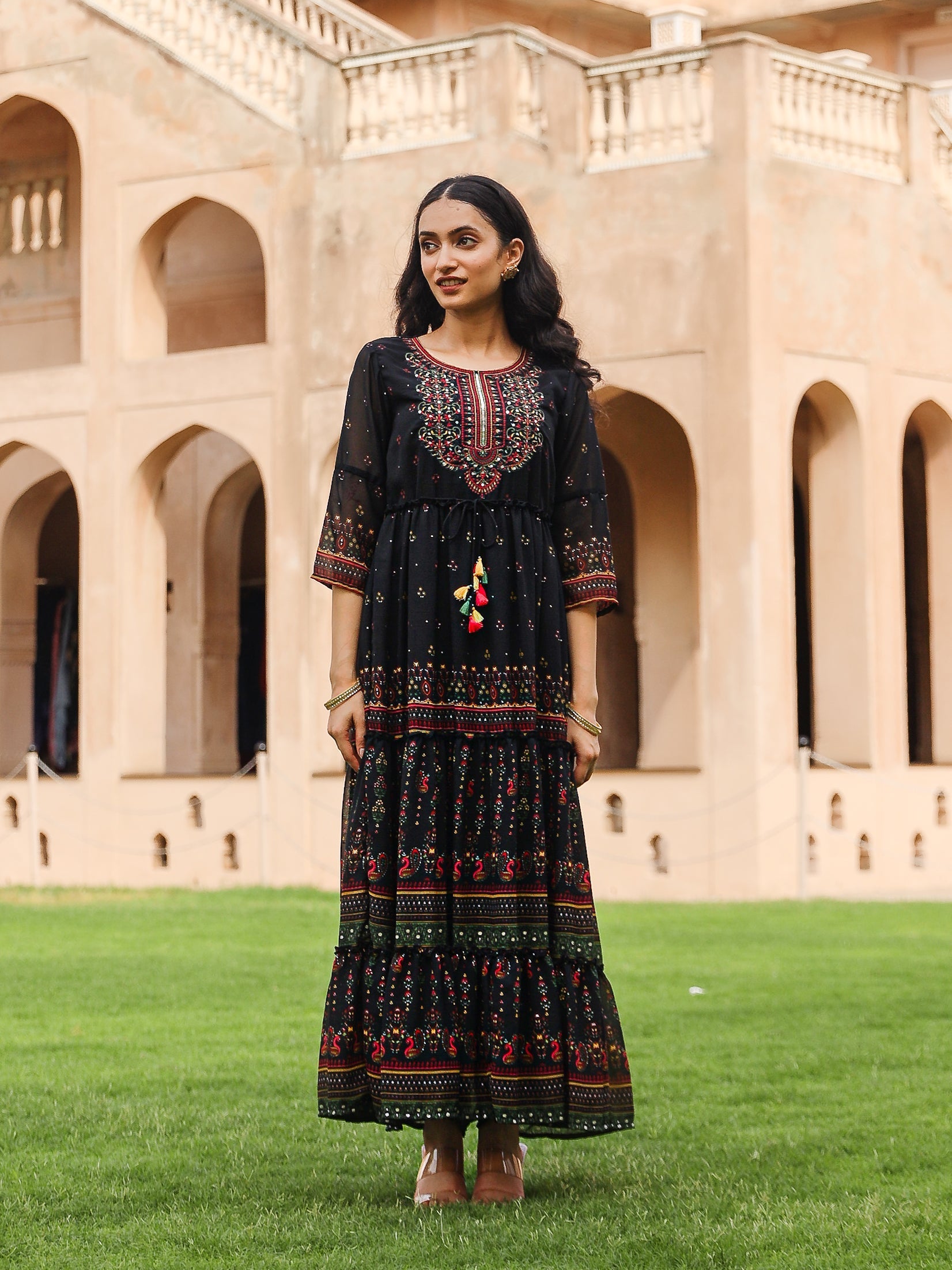 Juniper Black Ethnic Motif Printed Georgette Maxi Dress With Sequins & Doris At Waist