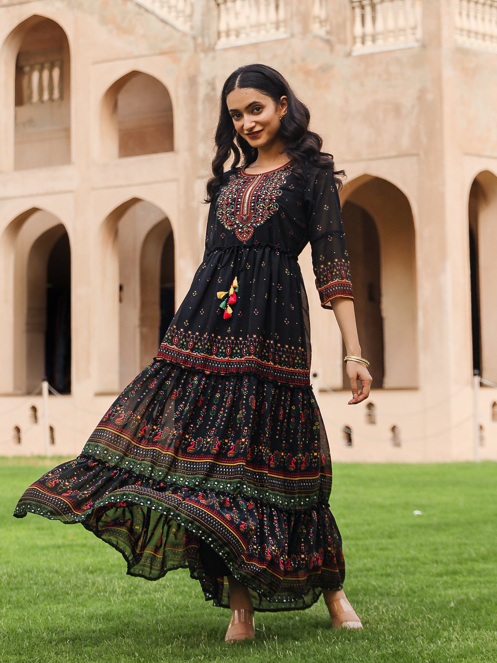 Juniper Black Ethnic Motif Printed Georgette Maxi Dress With Sequins & Doris At Waist