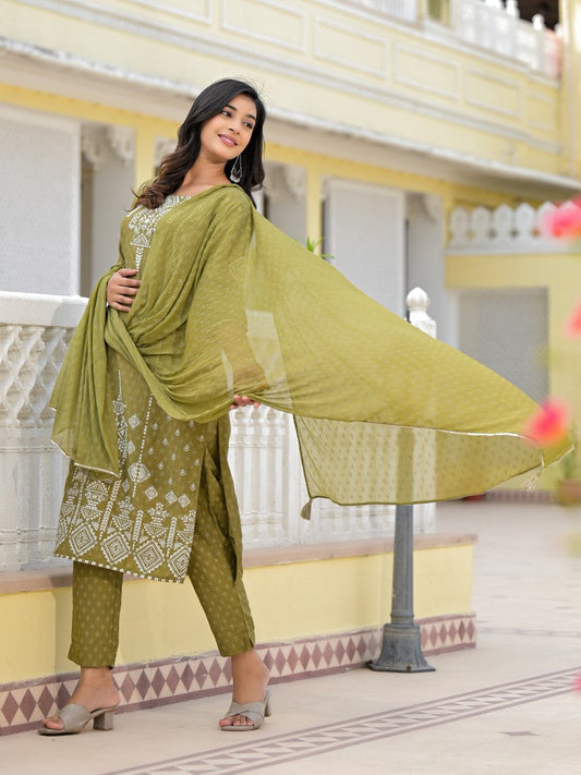 Juniper Women's Olive Green Ethnic Motif Printed Viscose Kurta, Pant And Dupatta Set With Gota Patti Work