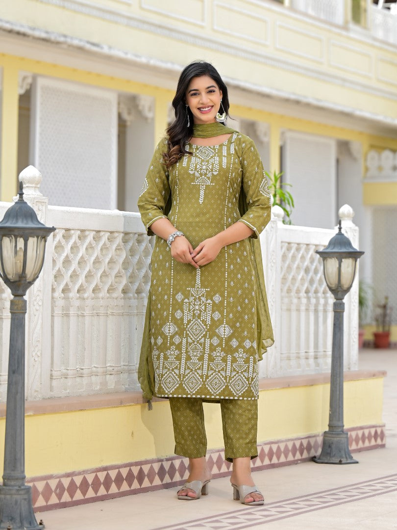 Juniper Women's Olive Green Ethnic Motif Printed Viscose Kurta, Pant And Dupatta Set With Gota Patti Work