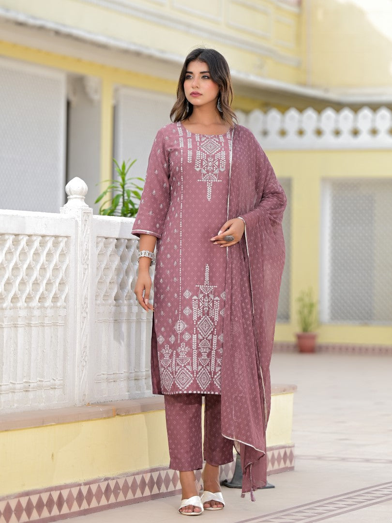 Juniper Women's Onion Pink Ethnic Motif Printed Viscose Kurta, Pant And Dupatta Set With Gotta Patti Work