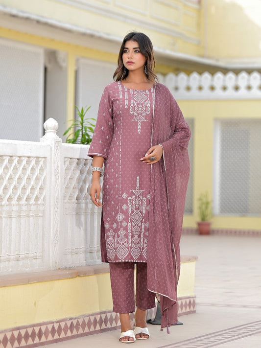 Juniper Women's Onion Pink Ethnic Motif Printed Viscose Kurta, Pant And Dupatta Set With Gotta Patti Work