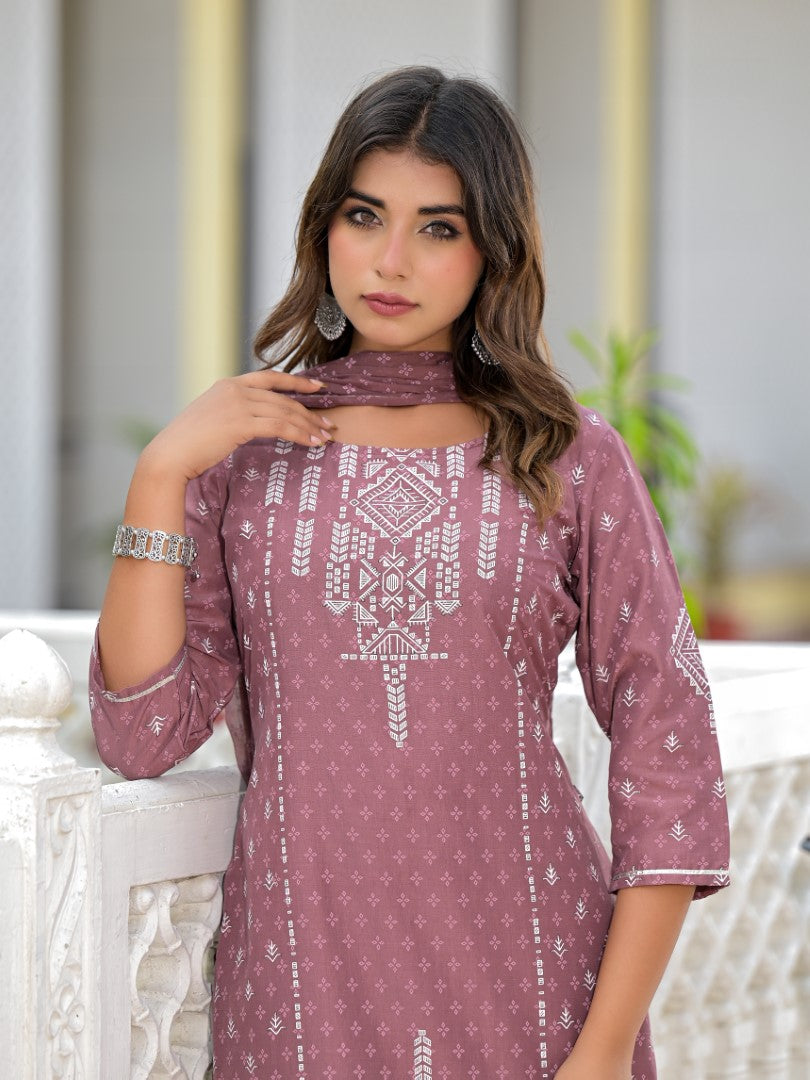 Juniper Women's Onion Pink Ethnic Motif Printed Viscose Kurta, Pant And Dupatta Set With Gotta Patti Work
