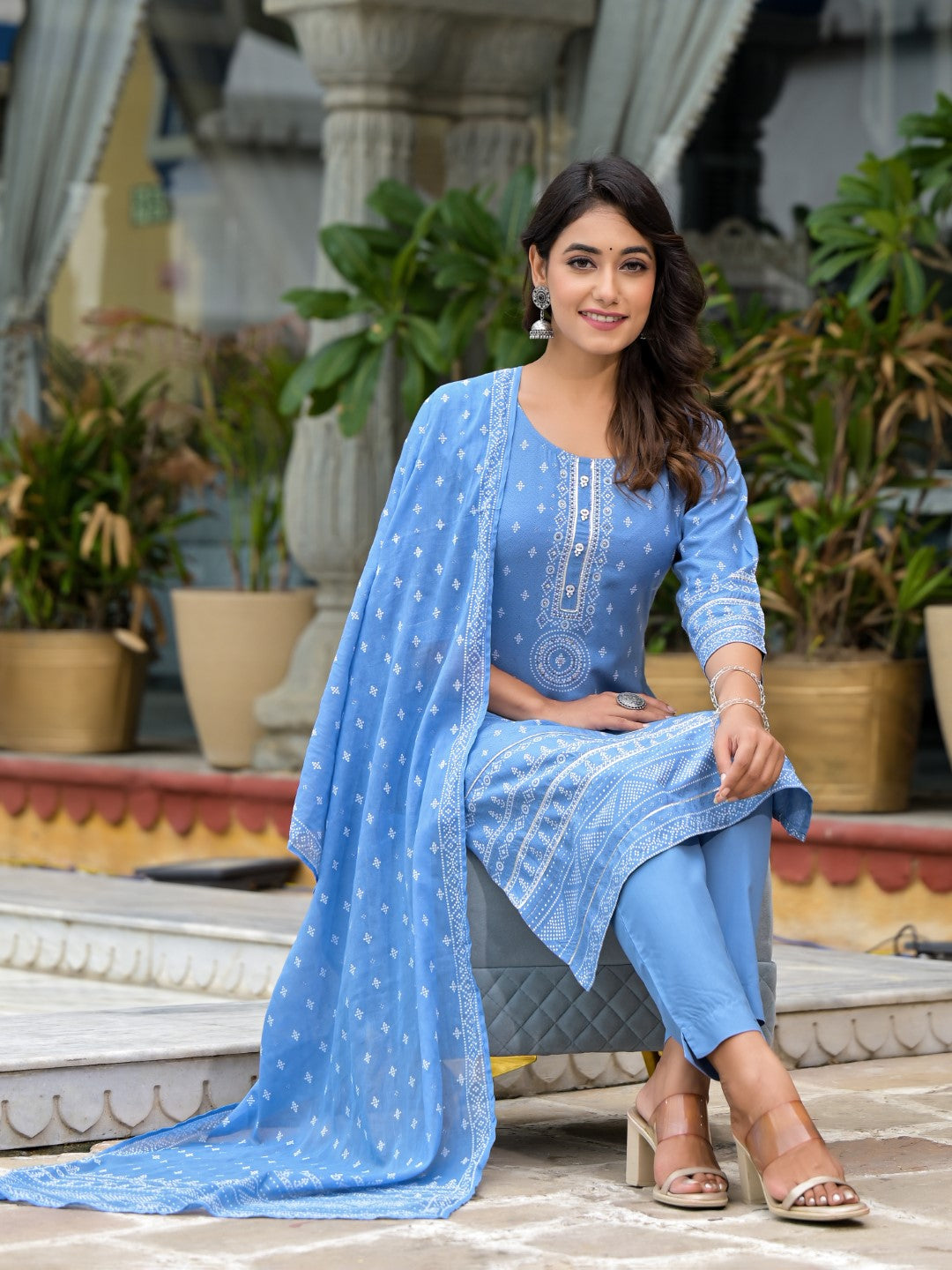 Juniper Women's Blue Ethnic Motif Printed Liva Rayon Kurta Pant And Dupatta Set With Beads Sequins & Lace
