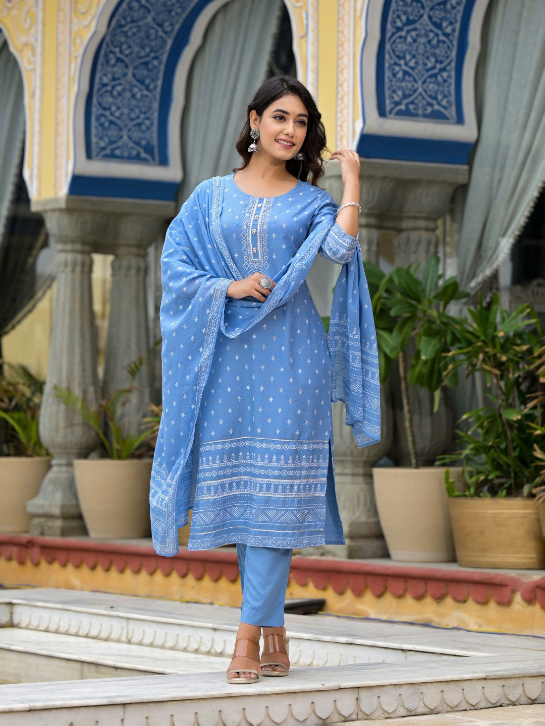 Juniper Women's Blue Ethnic Motif Printed Liva Rayon Kurta Pant And Dupatta Set With Beads Sequins & Lace