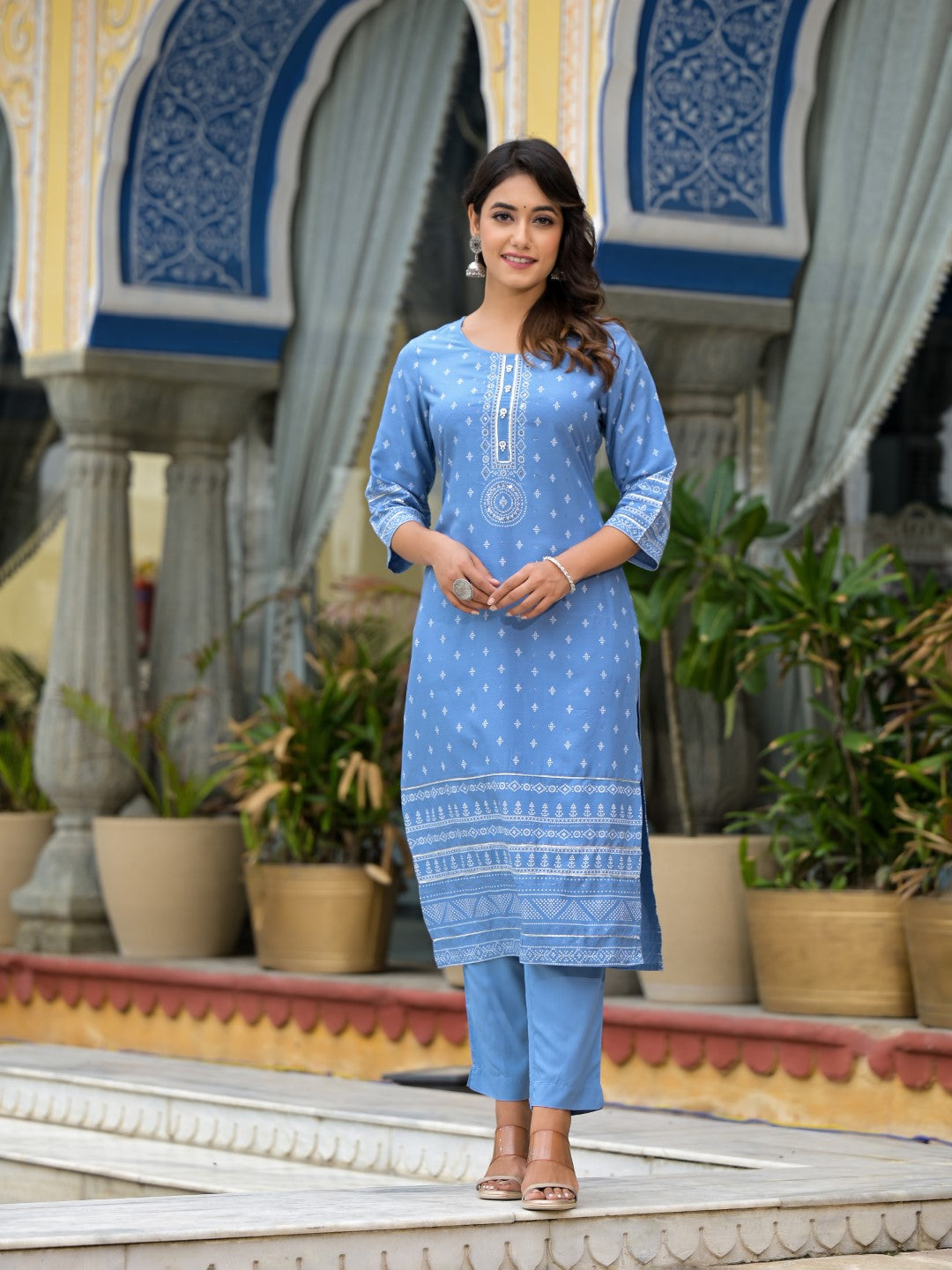 Juniper Women's Blue Ethnic Motif Printed Liva Rayon Kurta Pant And Dupatta Set With Beads Sequins & Lace