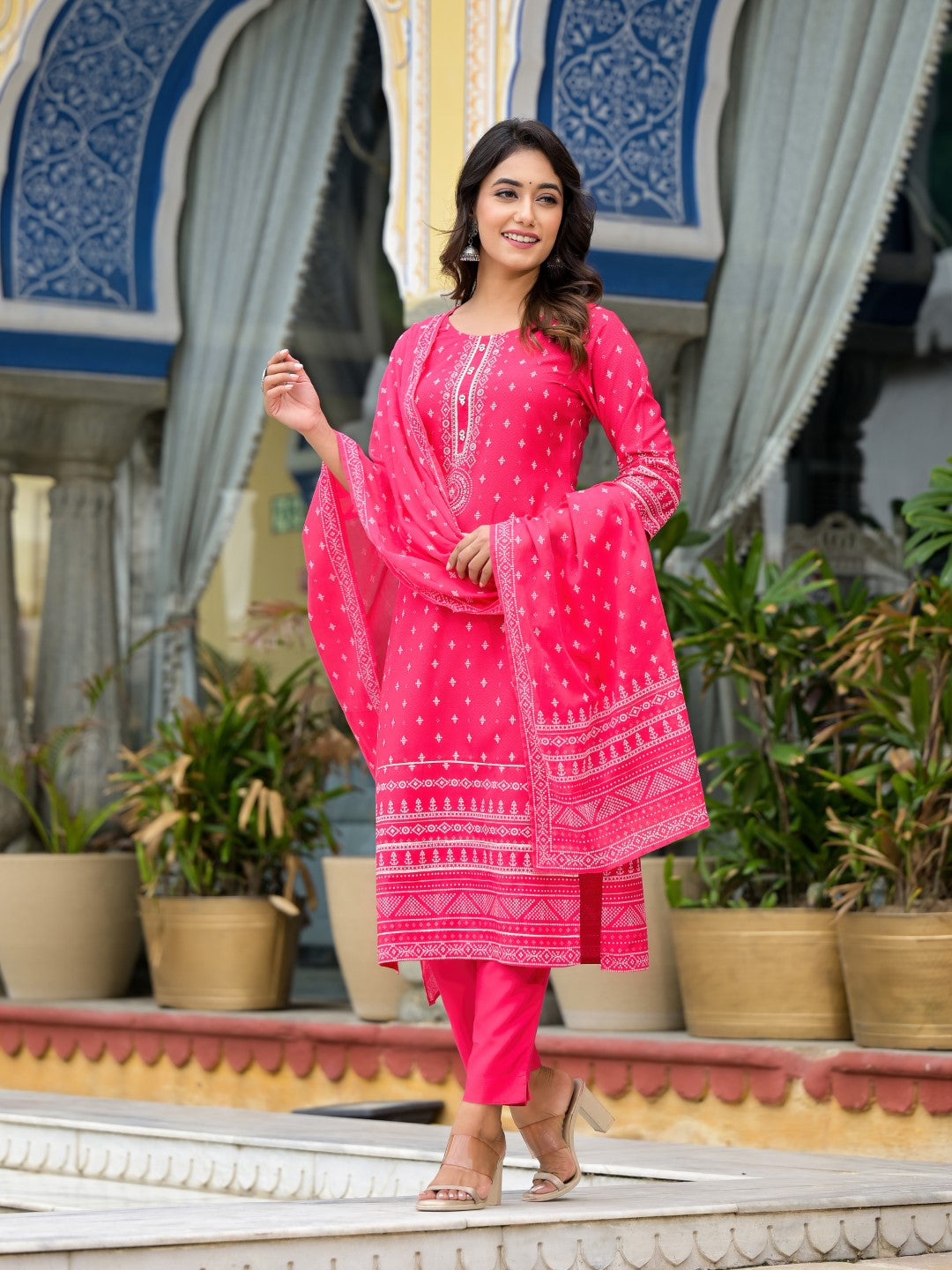 Juniper Women's Pink Ethnic Motif Printed Liva Rayon Kurta Pant And Dupatta Set With Beads Sequins & Lace