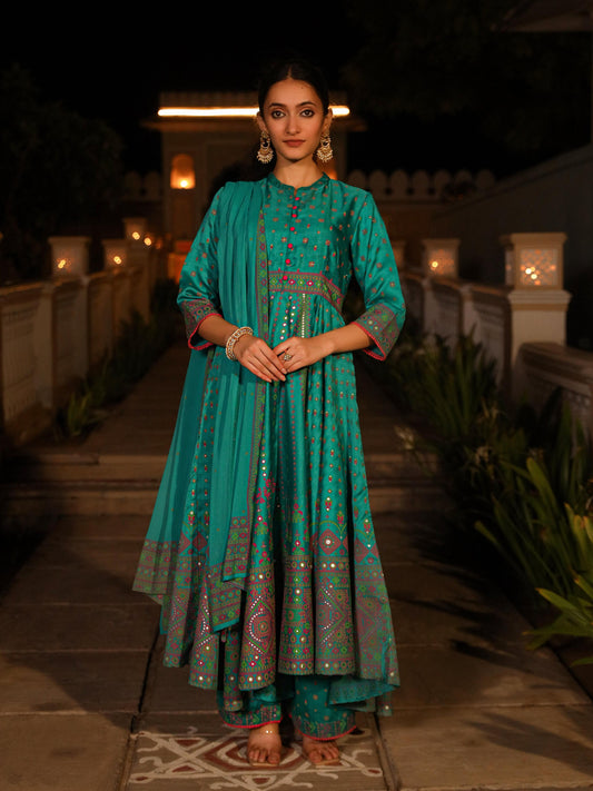 Juniper Women's Sea Green Ethnic Motif Printed Slub Satin Kurta Pant And Chiffon Dupatta Set With Buttons & Lace