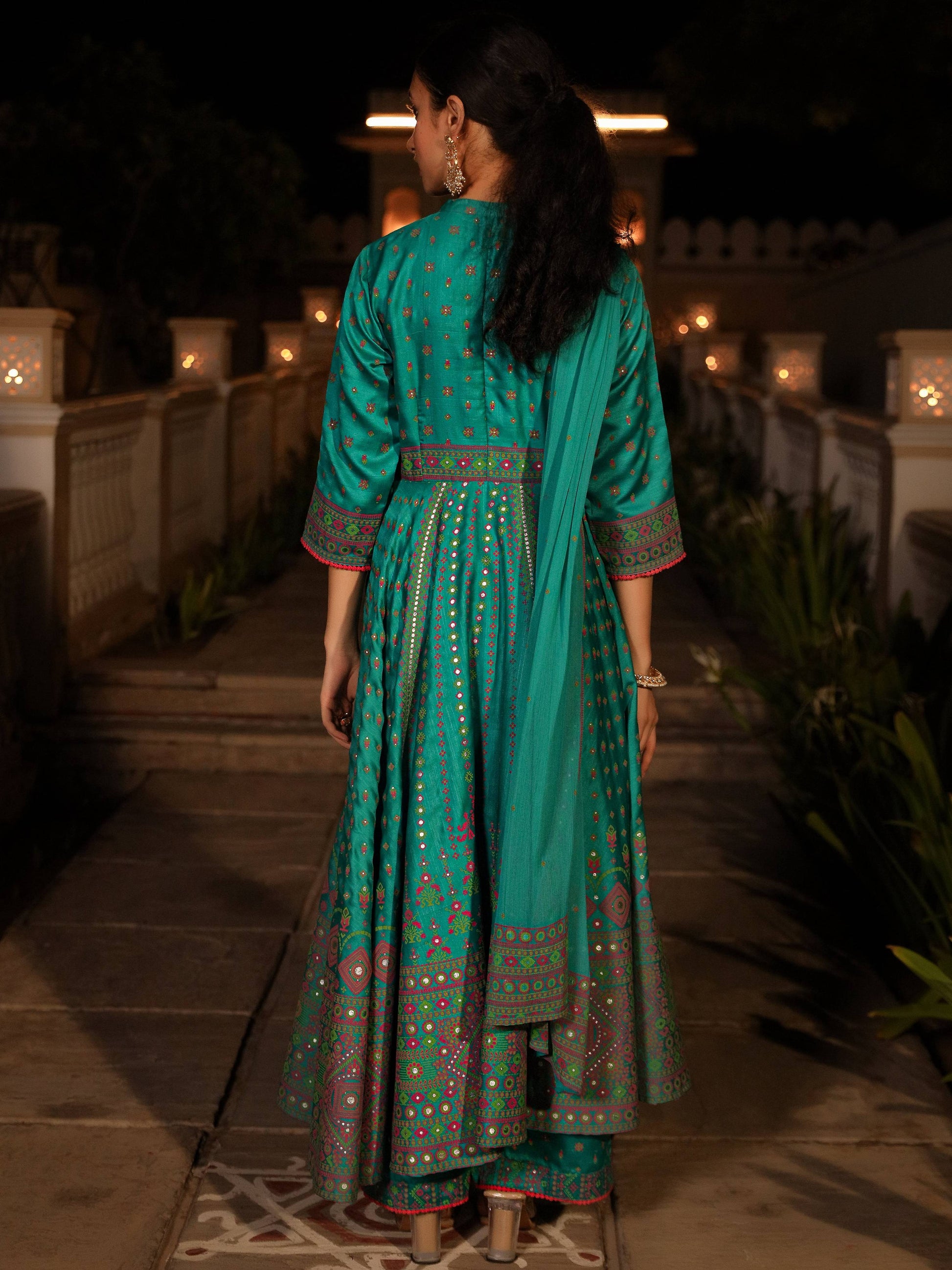 Juniper Women's Sea Green Ethnic Motif Printed Slub Satin Kurta Pant And Chiffon Dupatta Set With Buttons & Lace