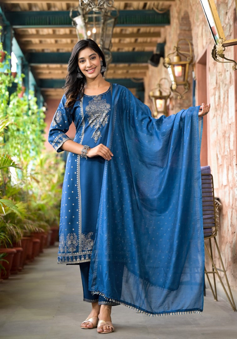 Juniper Women's Blue Ethnic Motif Printed Liva Rayon Kurta Pant And Dupatta Set With Sequins & Tassels