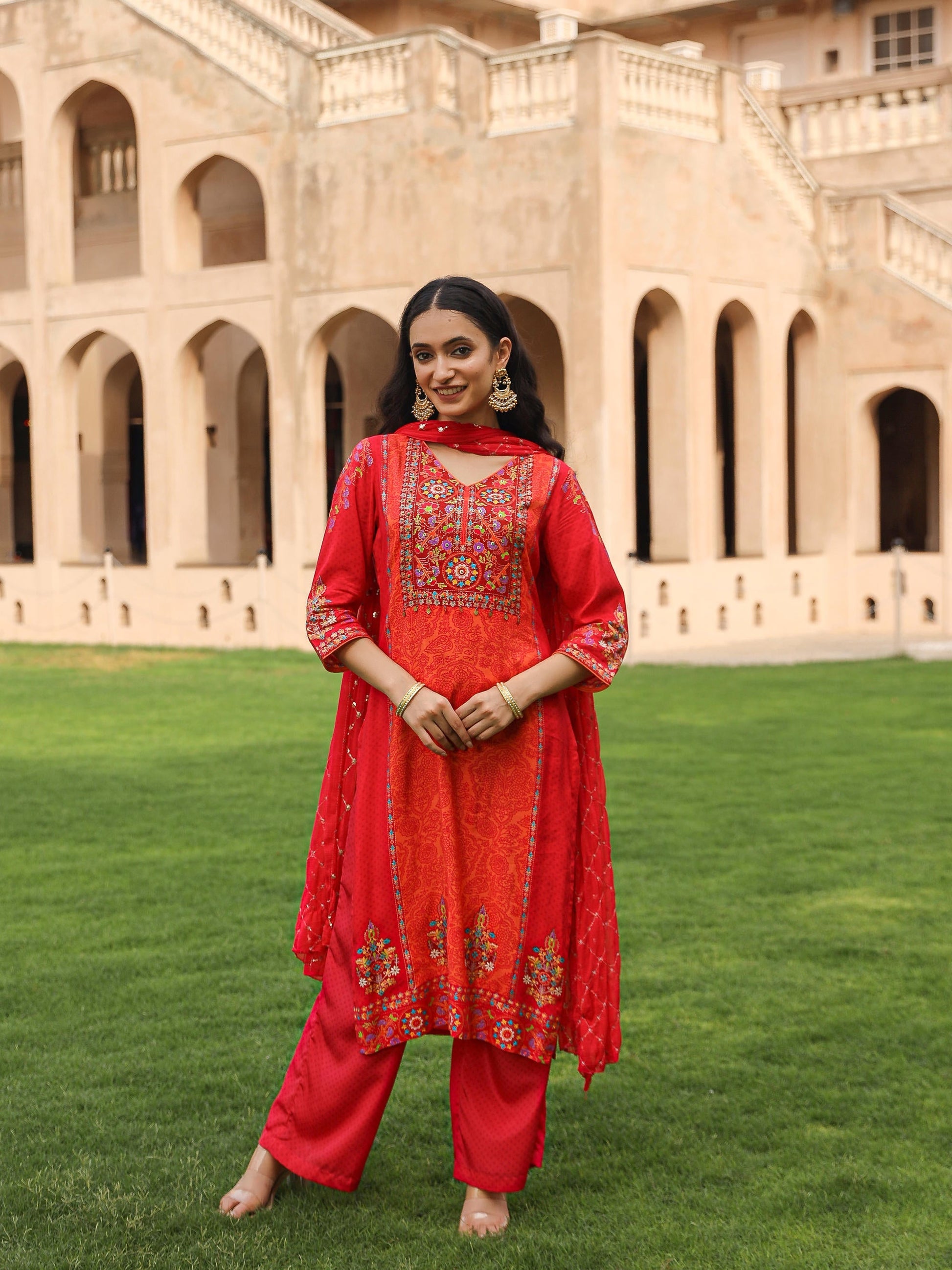 Juniper Women's Orange Viscose Rayon Printed Kurta Set