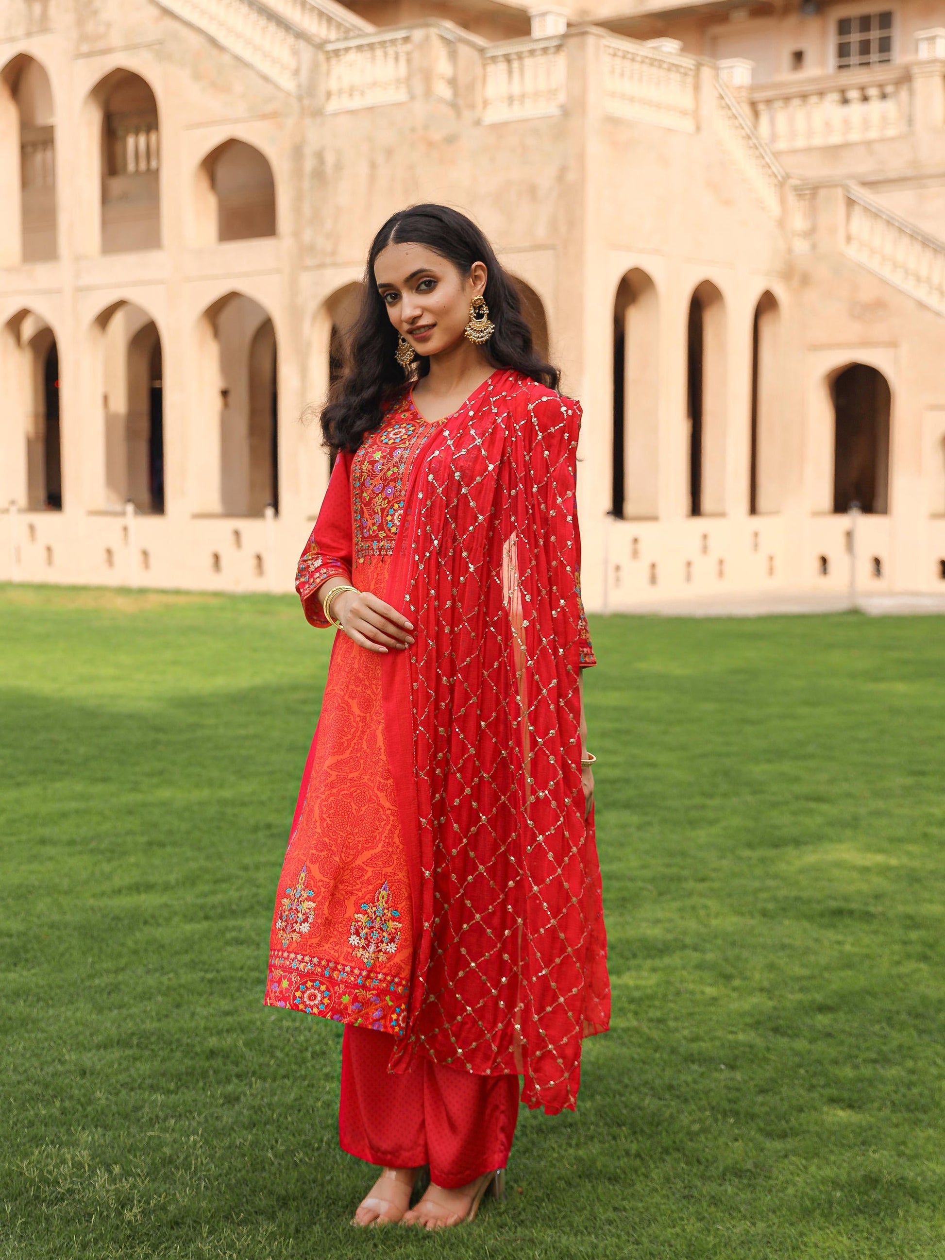 Juniper Women's Orange Viscose Rayon Printed Kurta Set