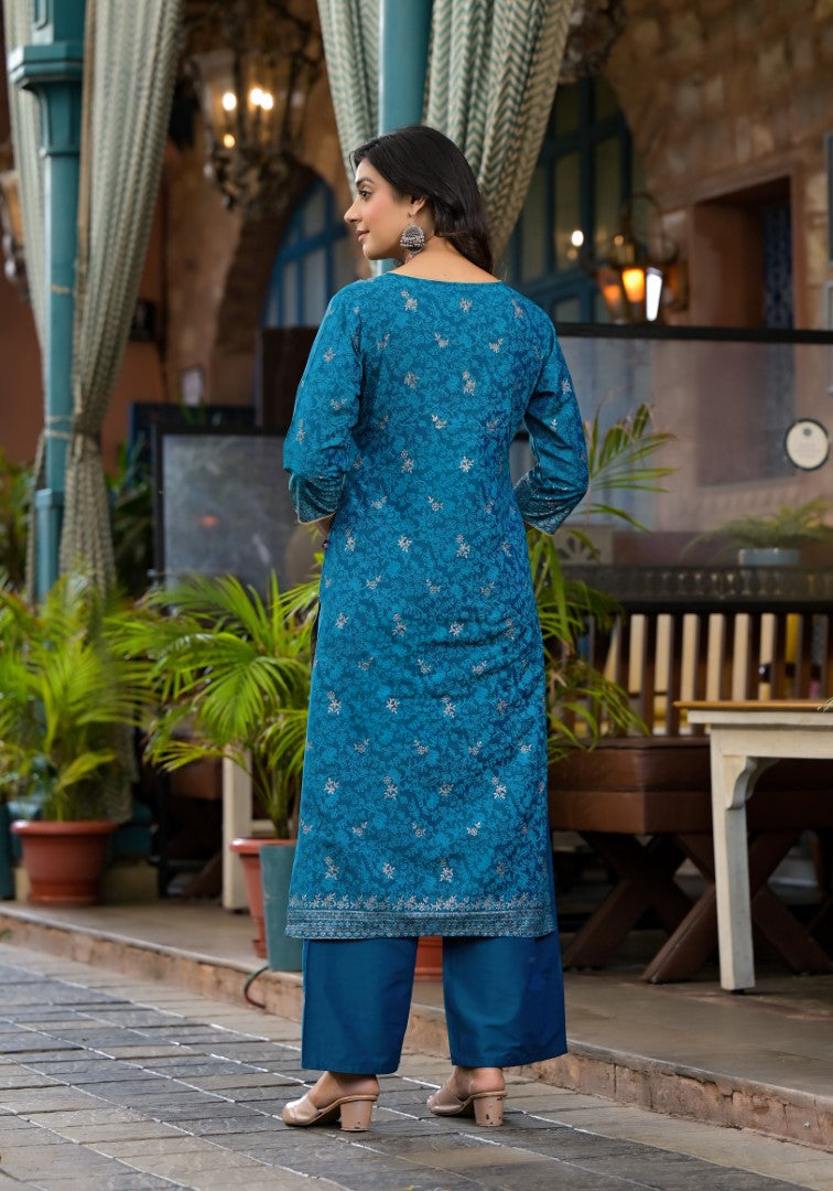 Juniper Women's Blue Poly Staple Ethnic Motif Printed Kurta Pant And Dupatta Set With Sequins Mirror & Zari Work