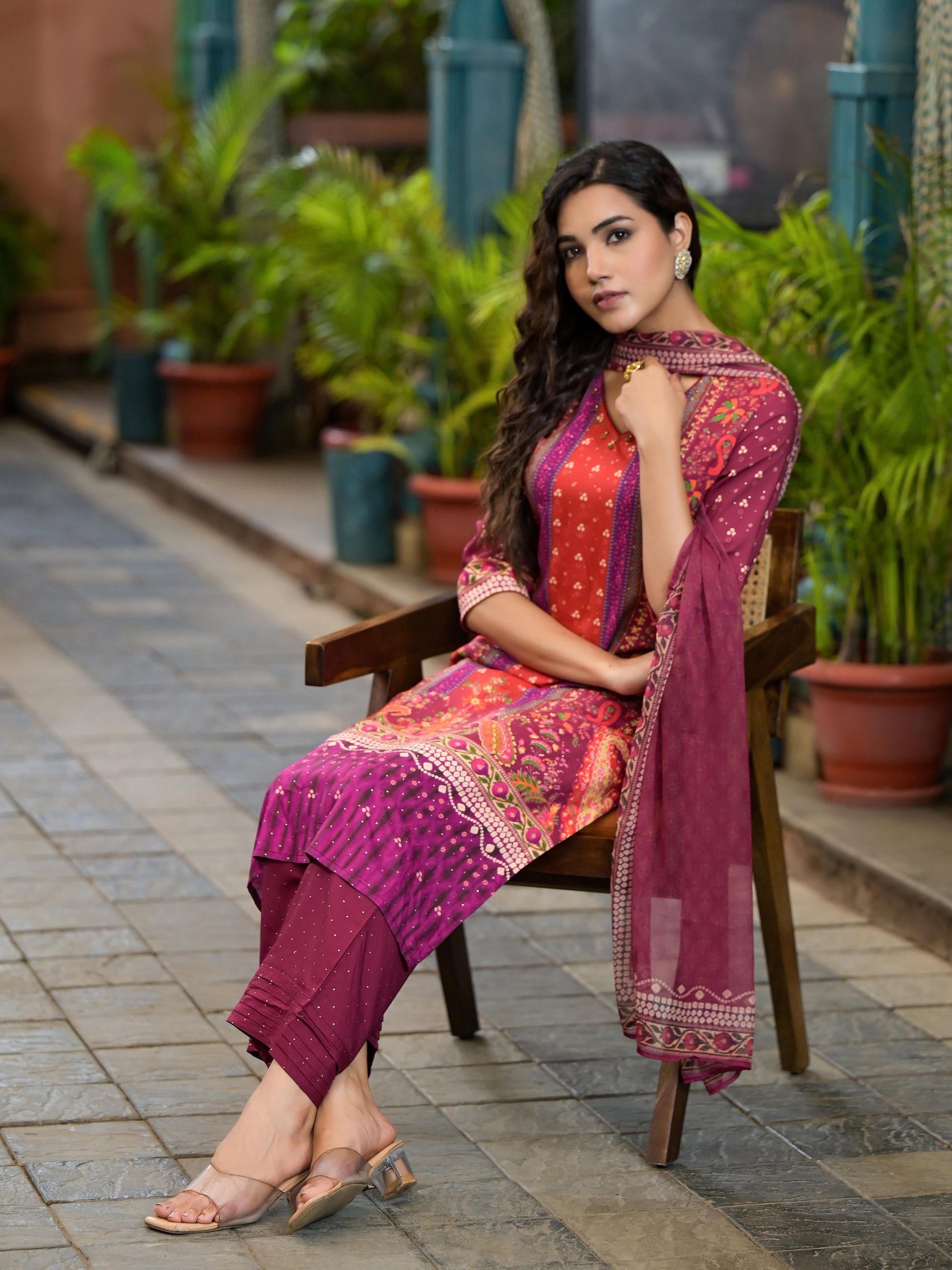 Juniper Plum Ethnic Motif Printed Liva Rayon Kurta Set With Coins
