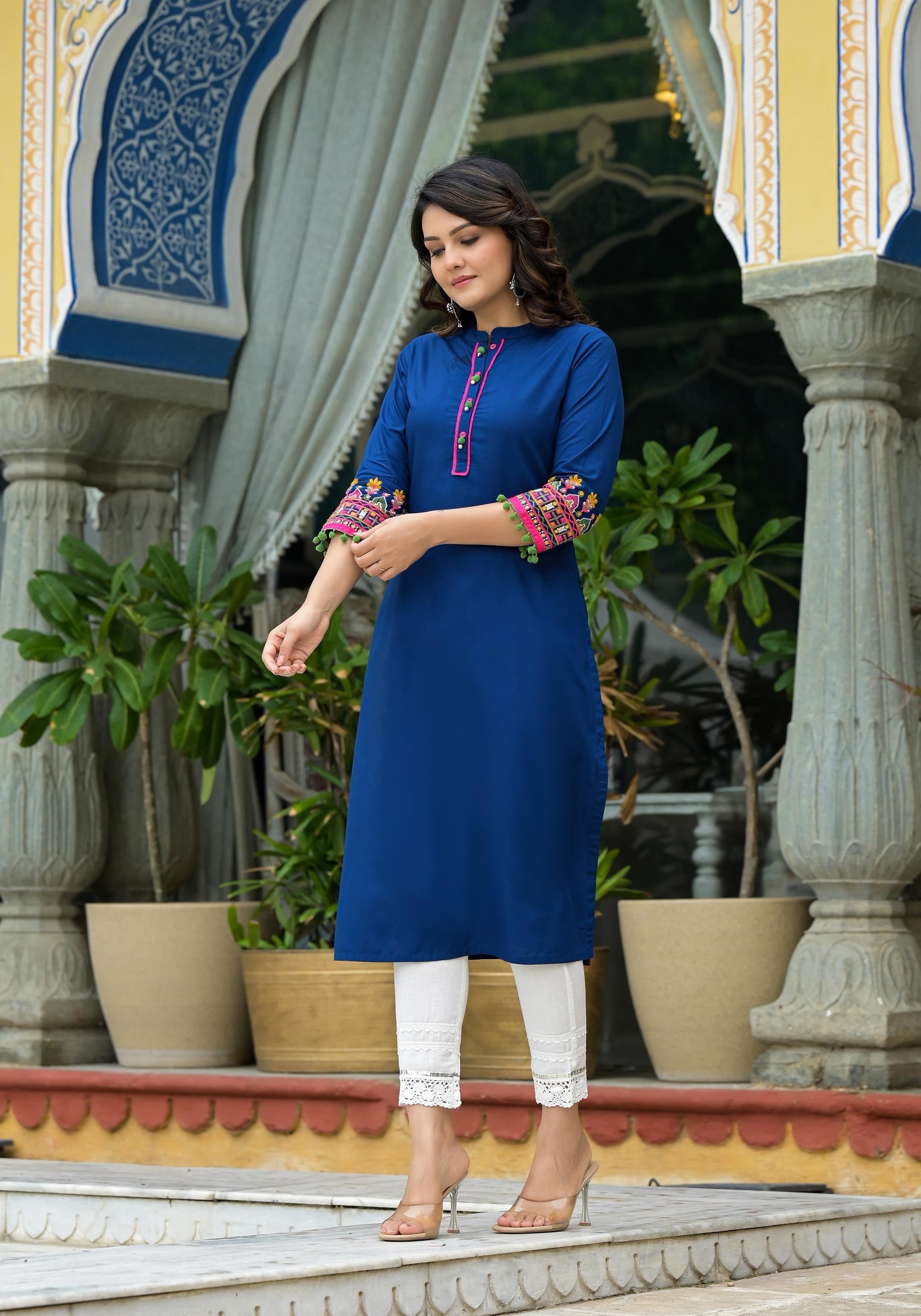 Juniper Blue Thread Embroidered A-Lined Liva Rayon Kurta With Beads & Sequins