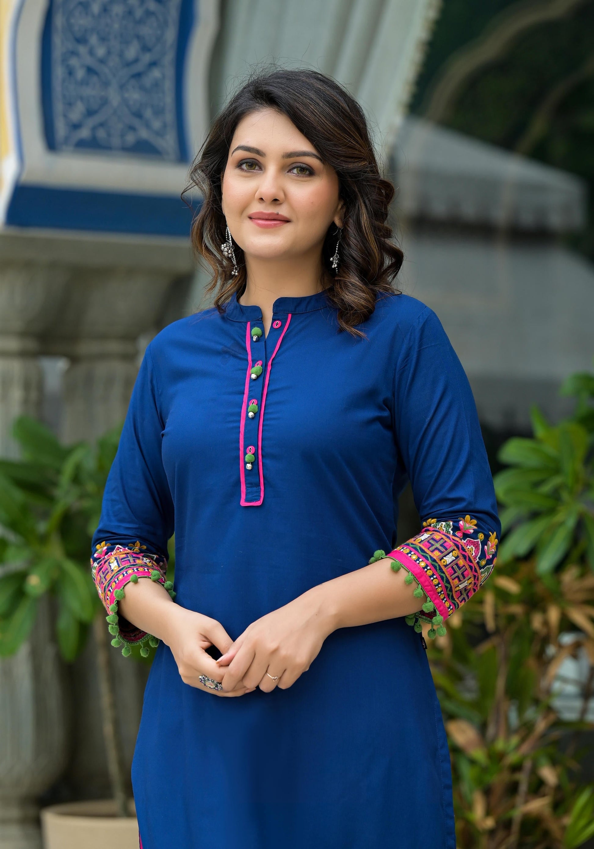 Juniper Blue Thread Embroidered A-Lined Liva Rayon Kurta With Beads & Sequins