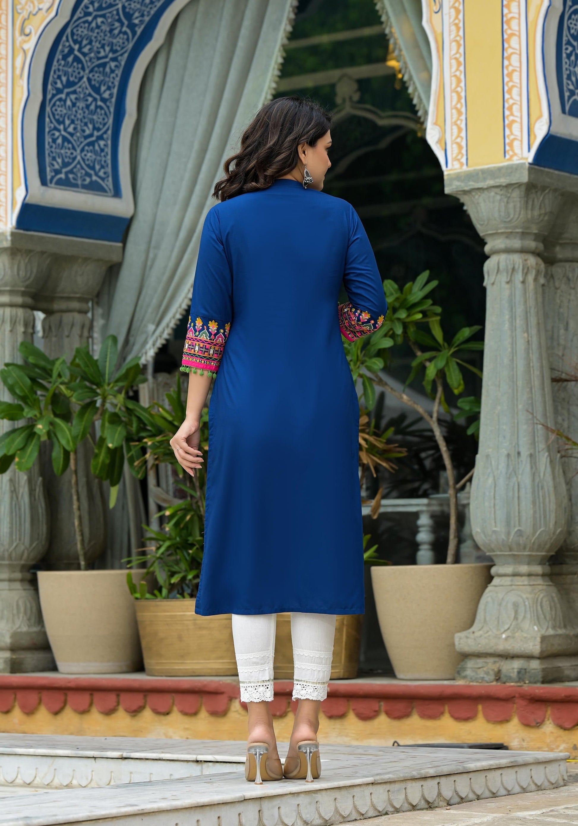 Juniper Blue Thread Embroidered A-Lined Liva Rayon Kurta With Beads & Sequins