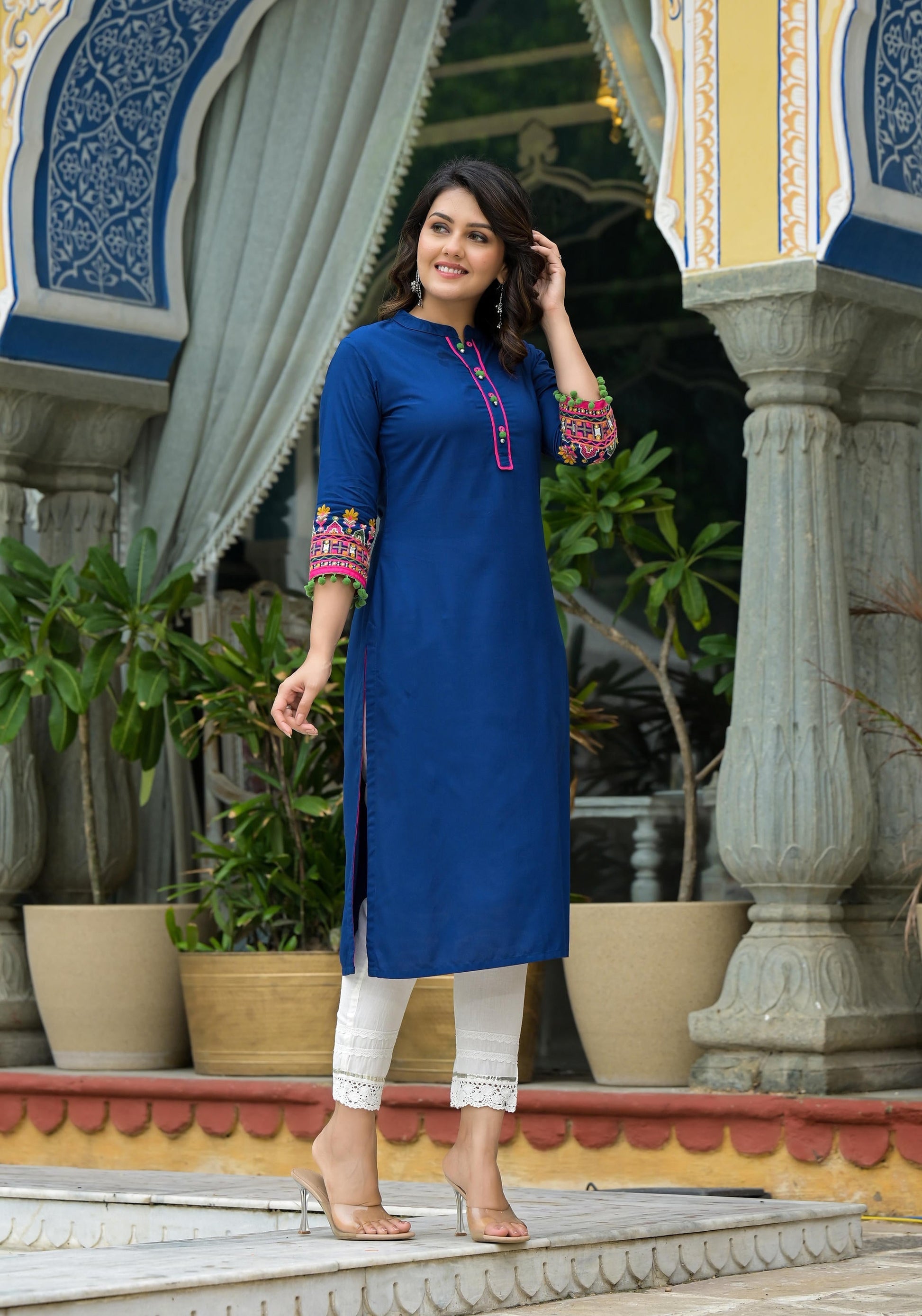 Juniper Blue Thread Embroidered A-Lined Liva Rayon Kurta With Beads & Sequins