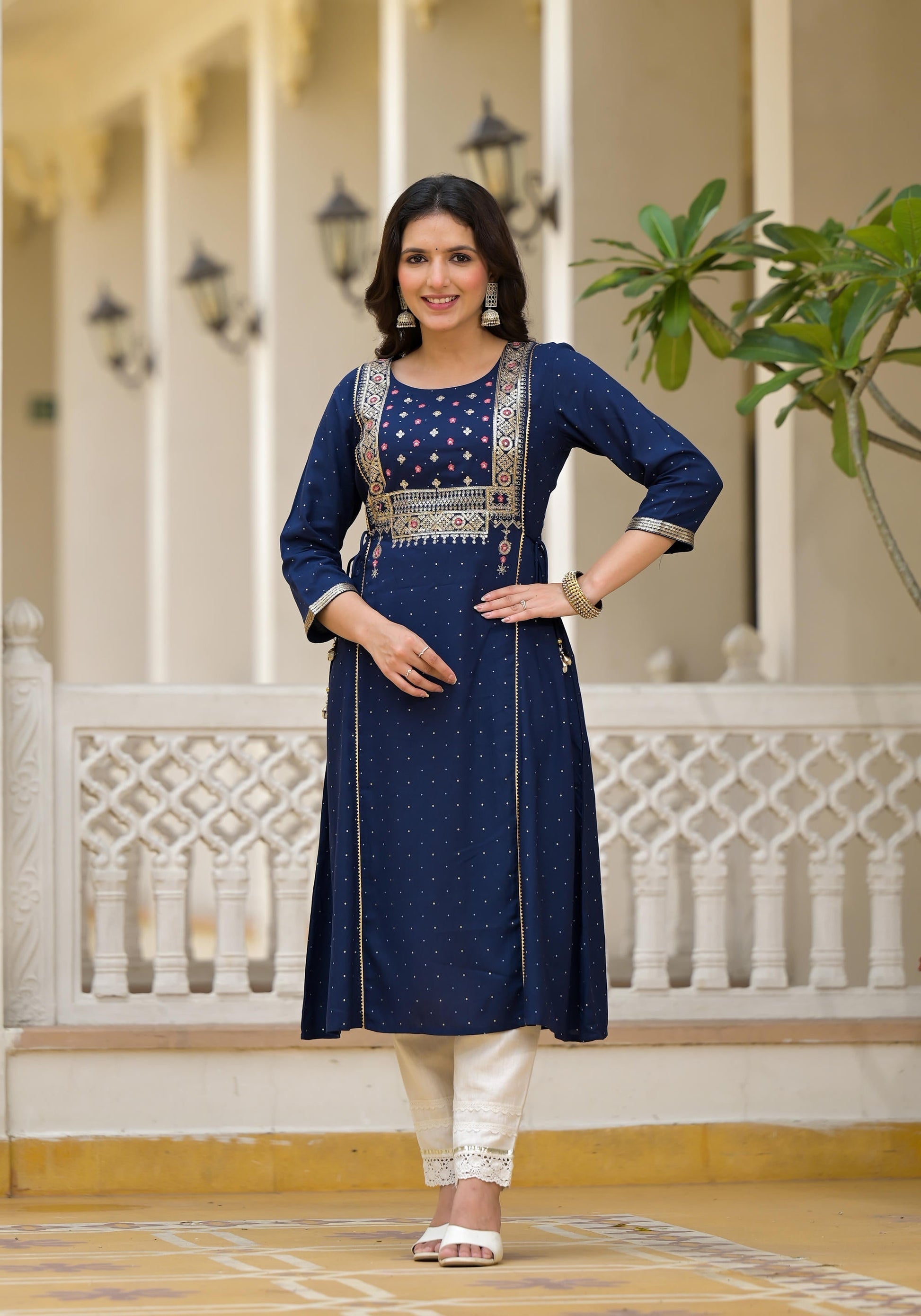 Juniper Blue Solid Rayon Kurta With Sequins & Doris | Grab2Buy