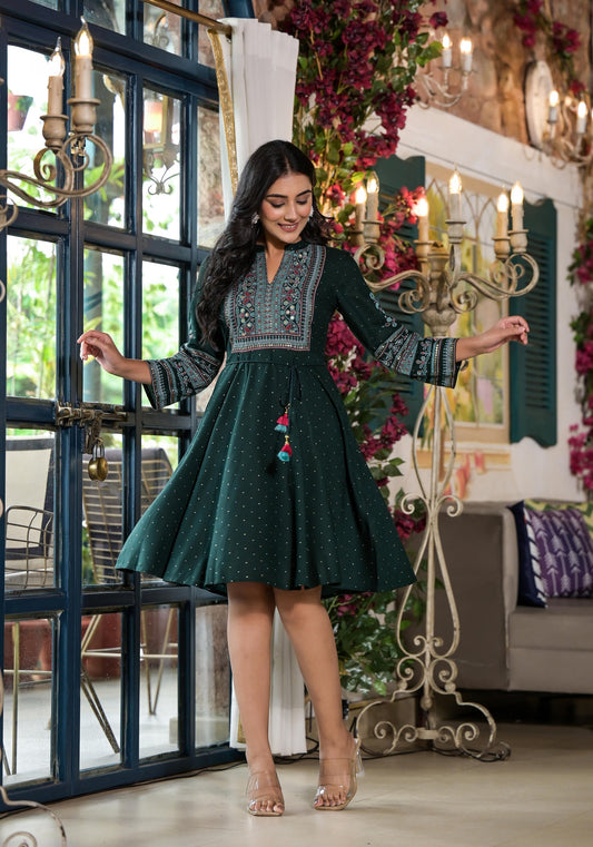 Juniper Green Ethnic Motif Printed Liva Rayon Dress With Dori & Sequin