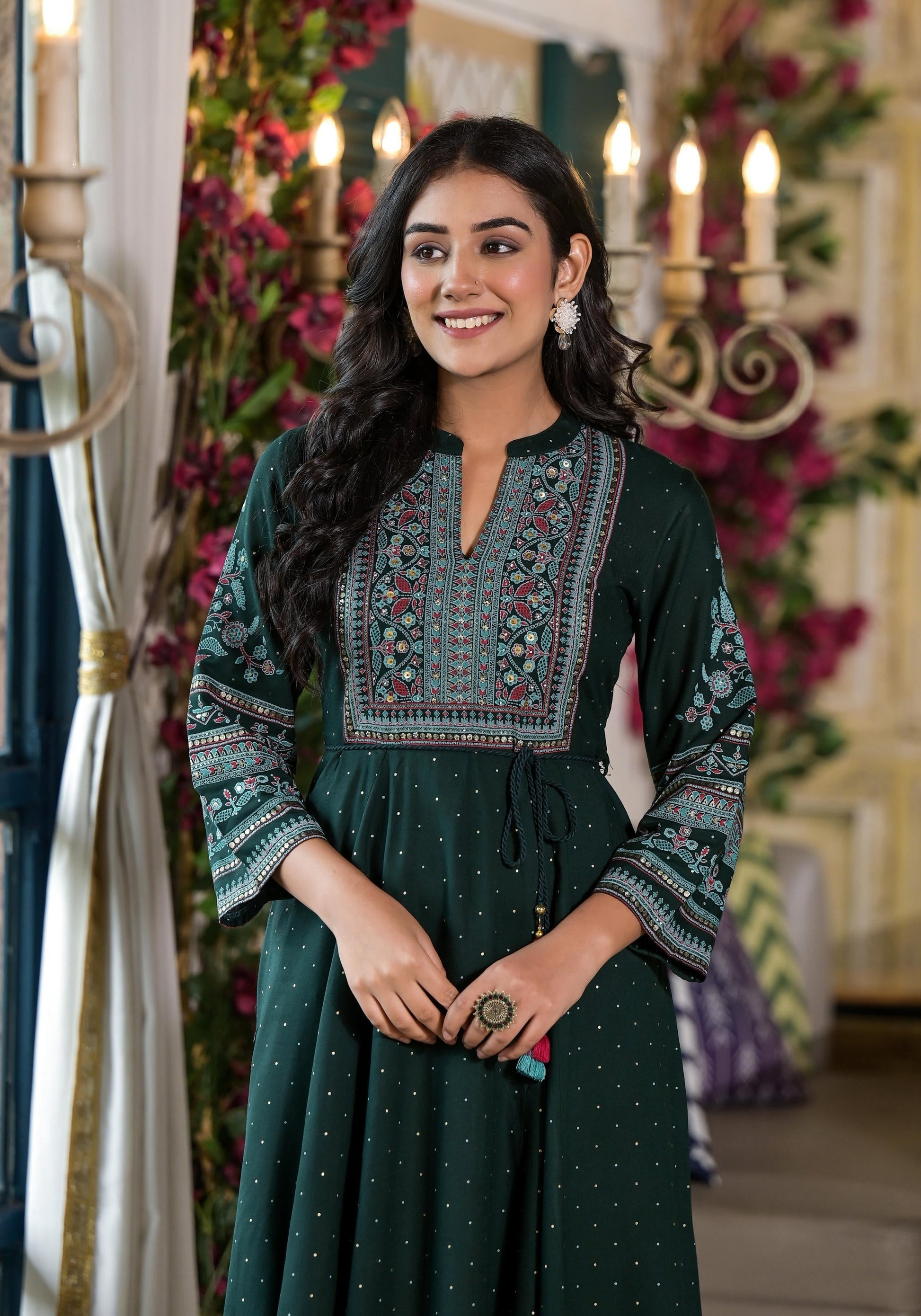 Juniper Green Ethnic Motif Printed Liva Rayon Dress With Dori & Sequin