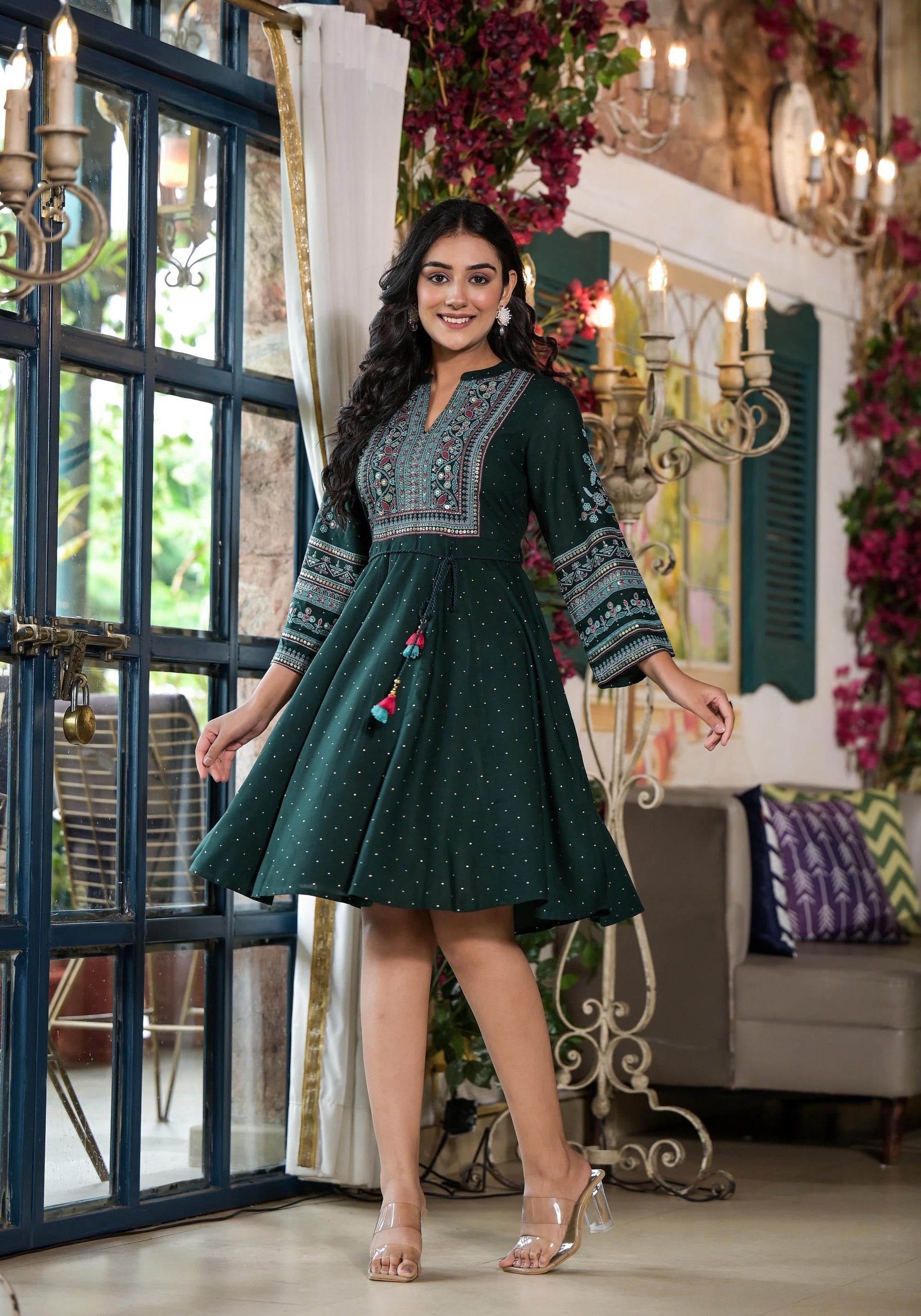 Juniper Green Ethnic Motif Printed Liva Rayon Dress With Dori & Sequin
