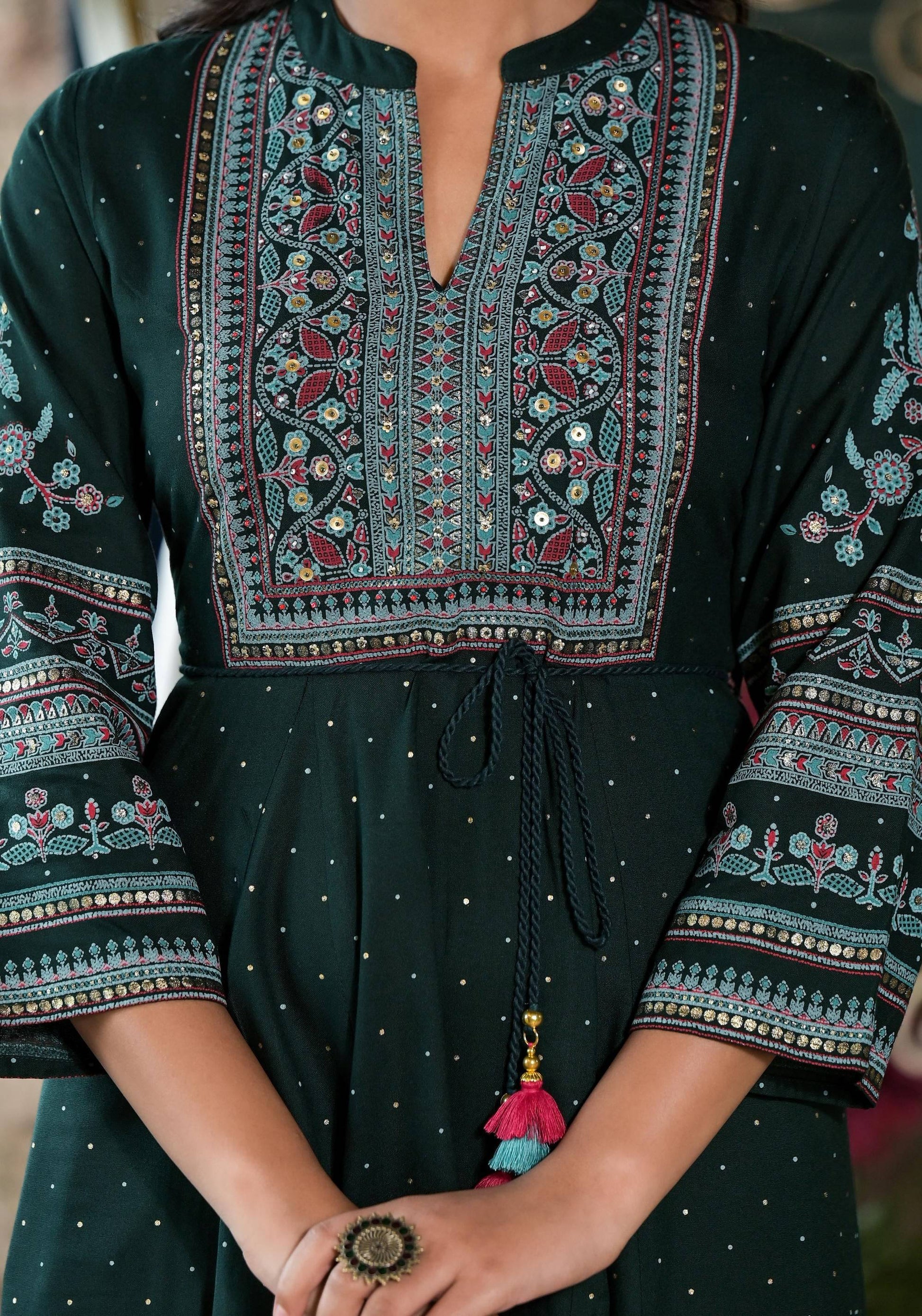 Juniper Green Ethnic Motif Printed Liva Rayon Dress With Dori & Sequin