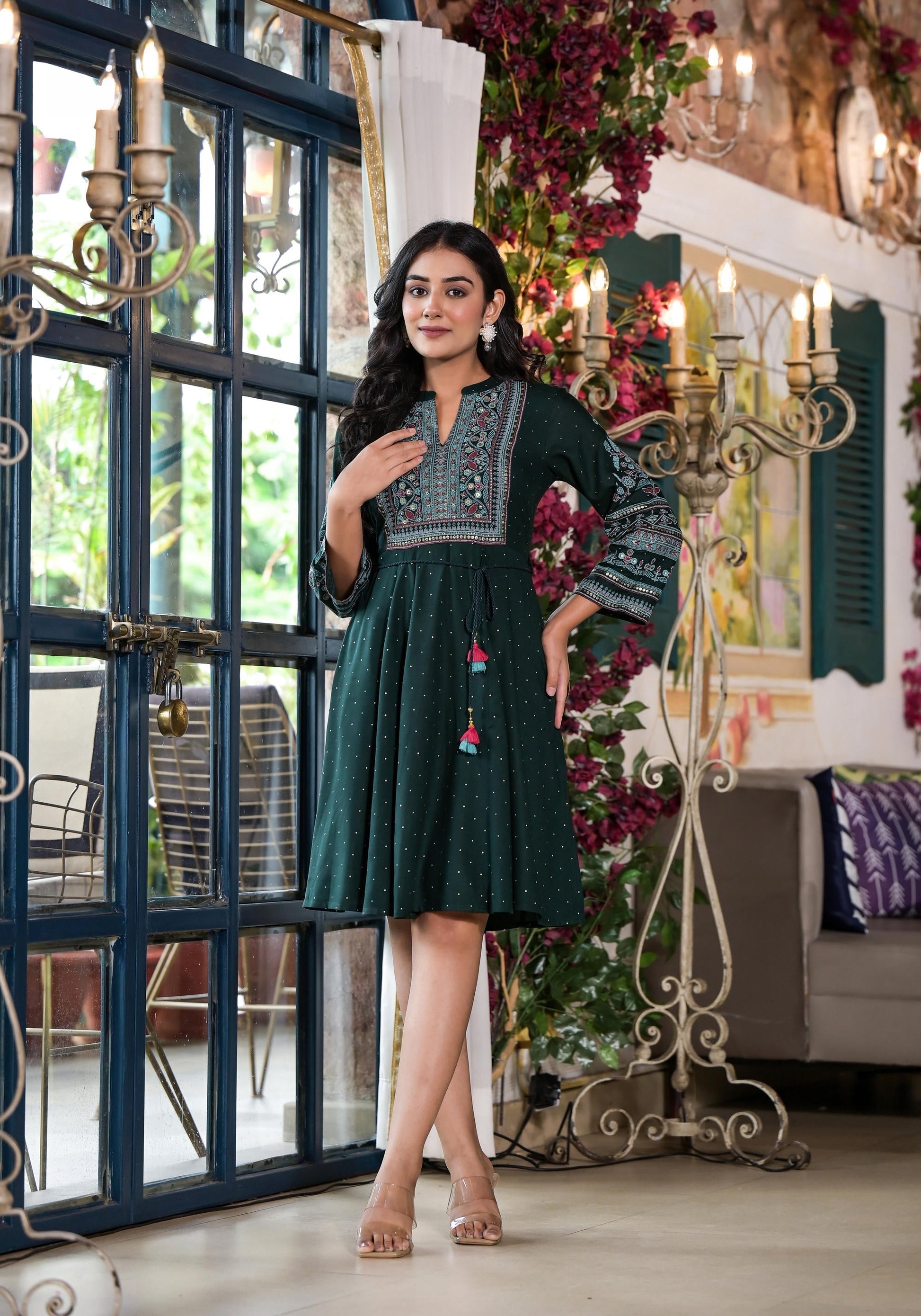 Juniper Green Ethnic Motif Printed Liva Rayon Dress With Dori & Sequin