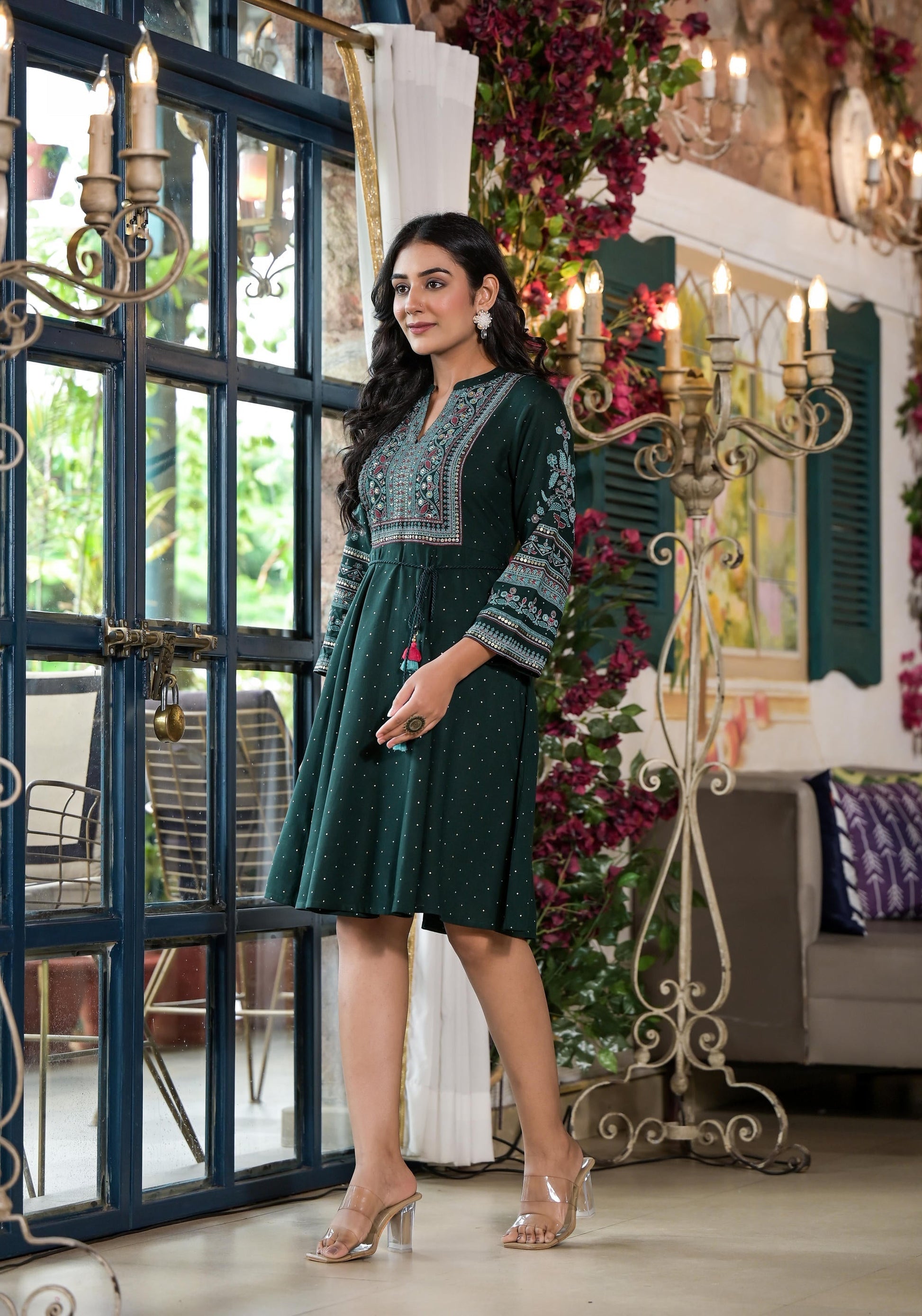 Juniper Green Ethnic Motif Printed Liva Rayon Dress With Dori & Sequin