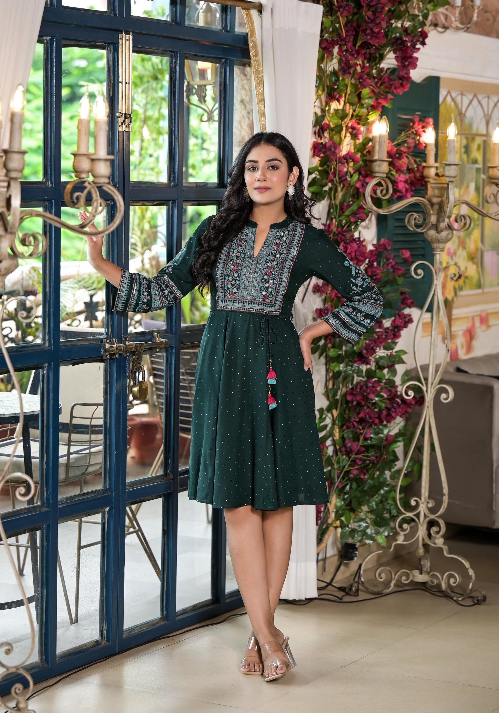 Juniper Green Ethnic Motif Printed Liva Rayon Dress With Dori & Sequin