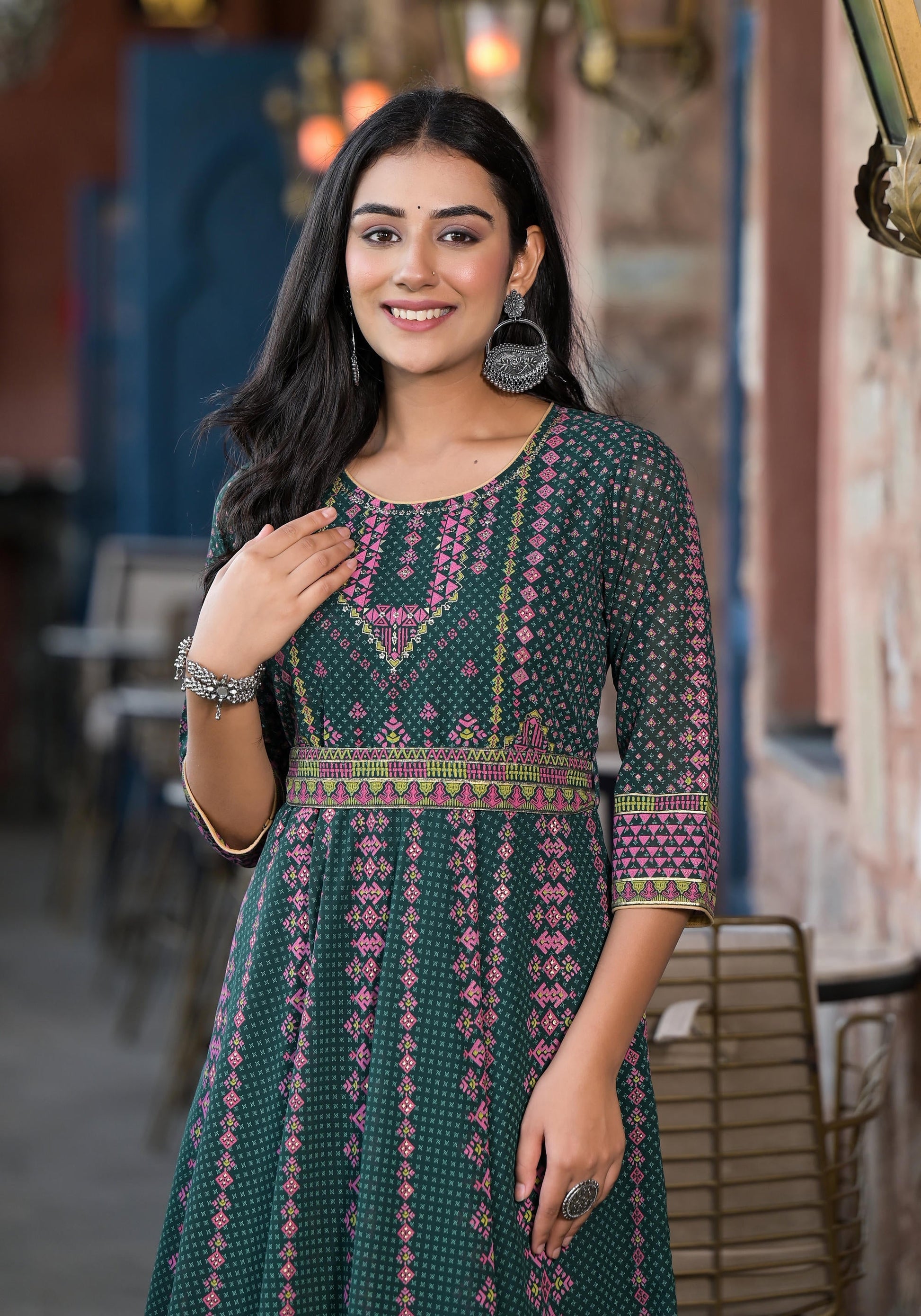 Juniper Green Ethnic Motif Printed Georgette Maxi Dress With Sequins Gota Patti