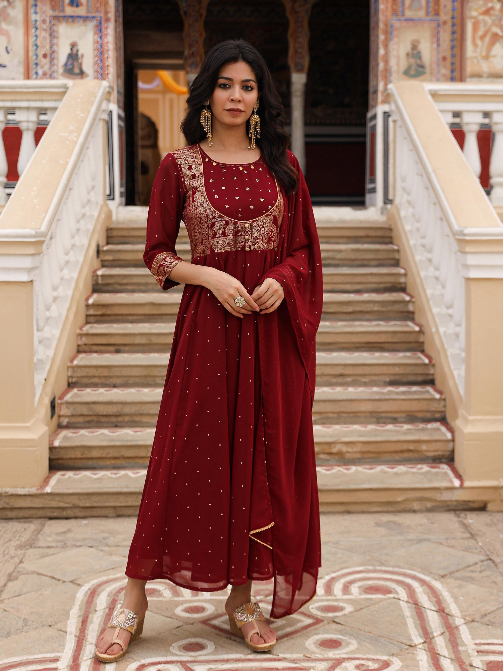 Juniper Maroon Ethnic Motif Printed Georgette Kurta & Dupatta Set With Coins & Lace