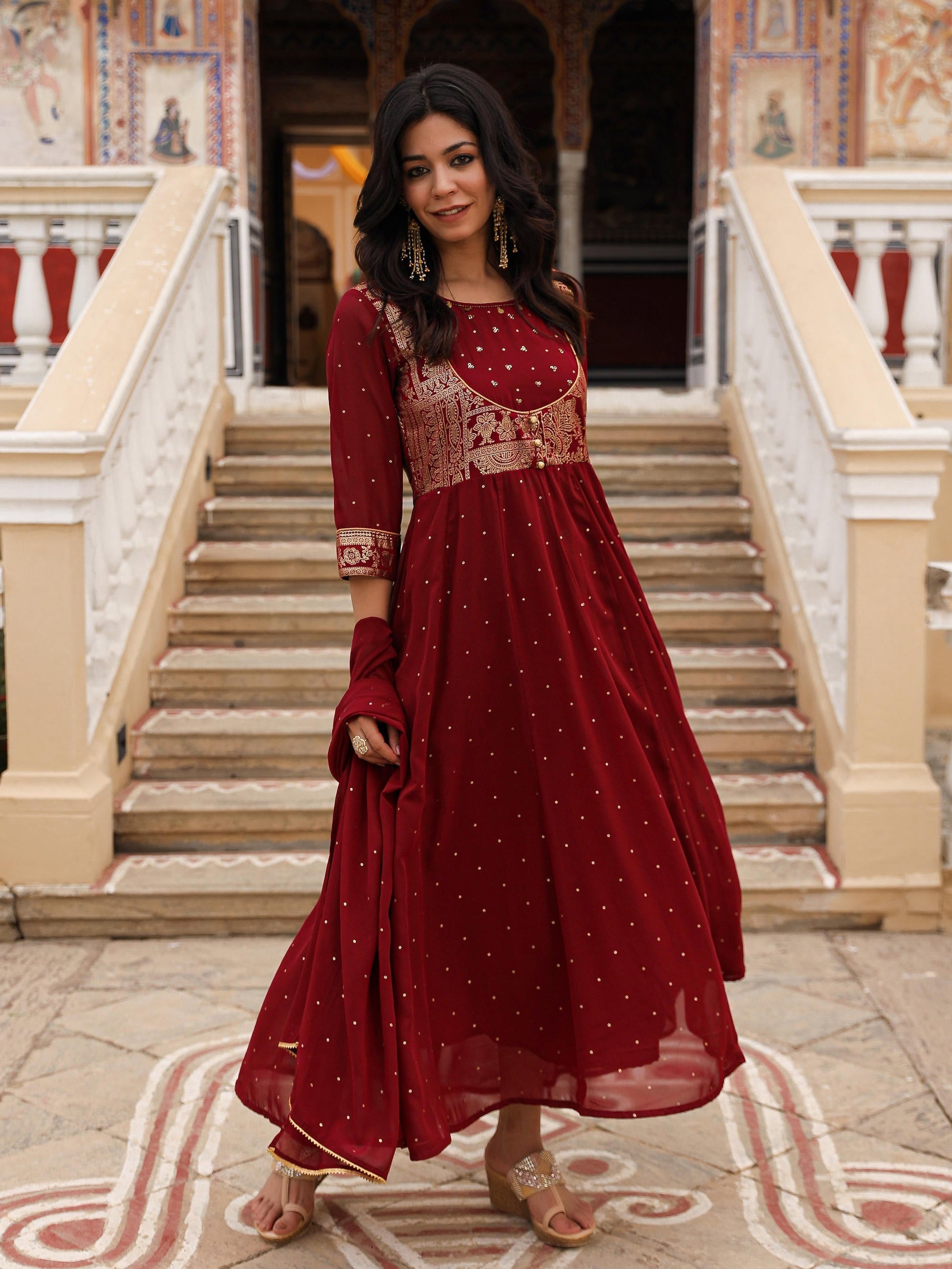 Juniper Maroon Ethnic Motif Printed Georgette Kurta & Dupatta Set With Coins & Lace