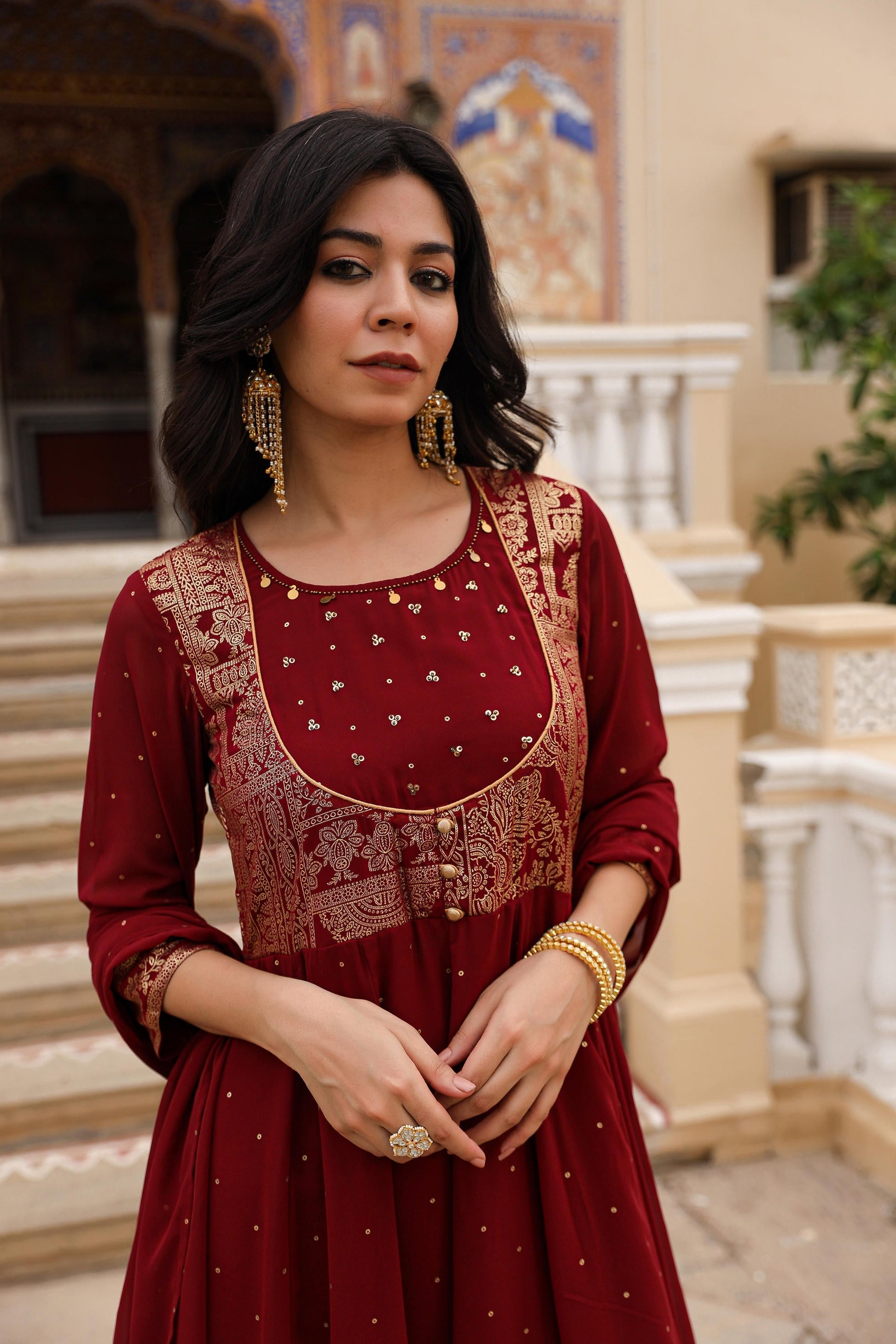 Juniper Maroon Ethnic Motif Printed Georgette Kurta & Dupatta Set With Coins & Lace