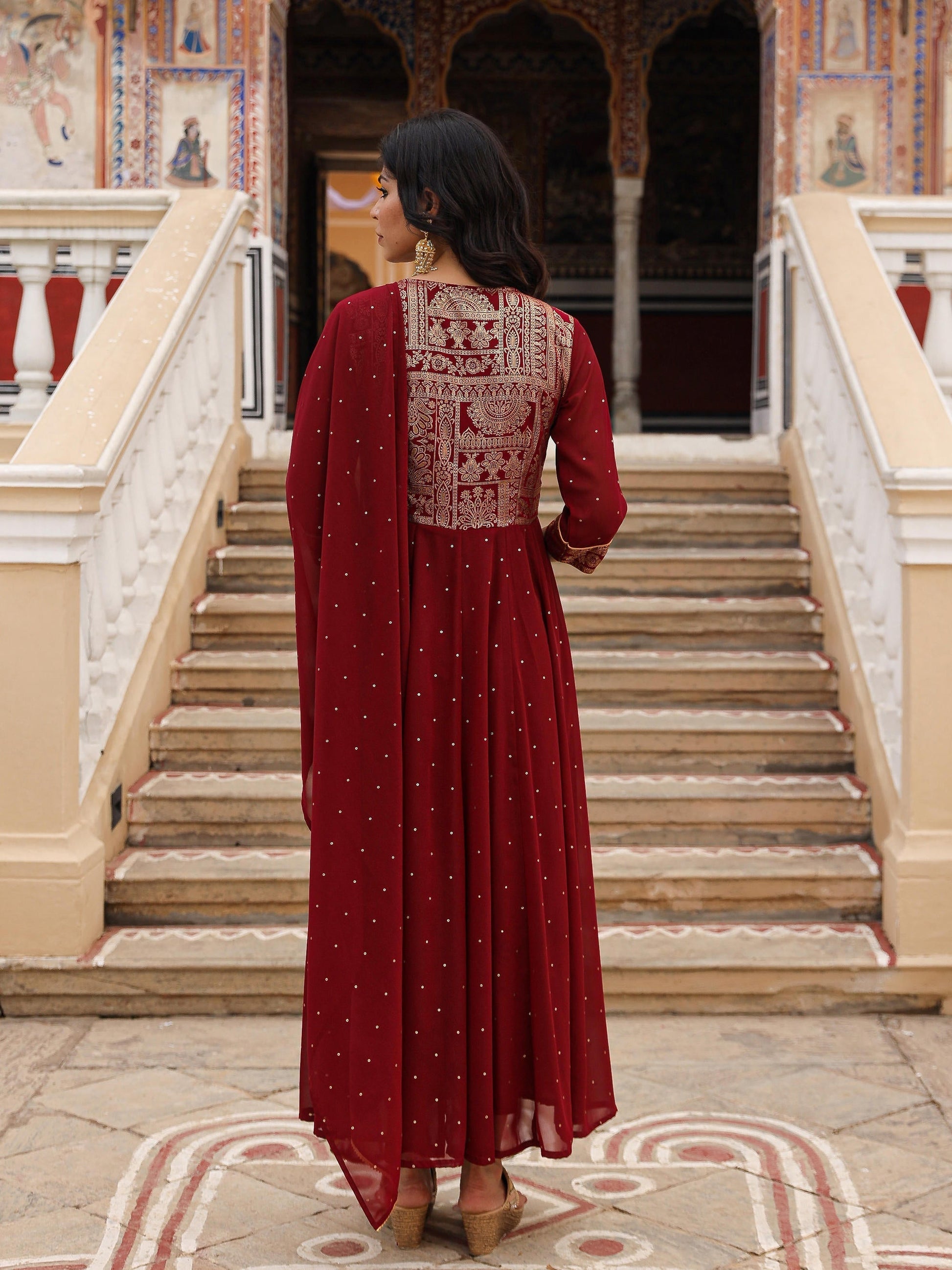 Juniper Maroon Ethnic Motif Printed Georgette Kurta & Dupatta Set With Coins & Lace