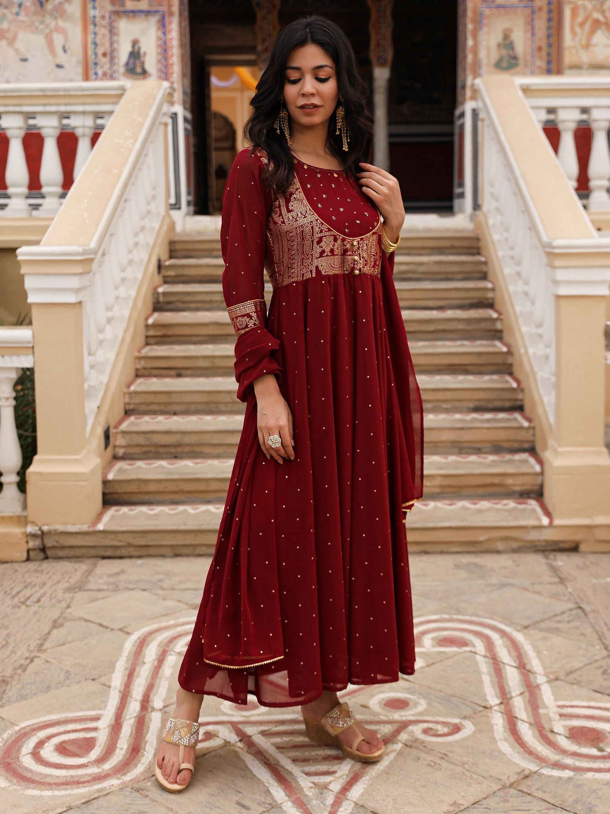 Juniper Maroon Ethnic Motif Printed Georgette Kurta & Dupatta Set With Coins & Lace