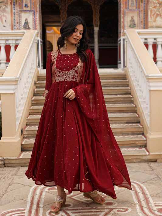 Juniper Maroon Ethnic Motif Printed Georgette Kurta & Dupatta Set With Coins & Lace
