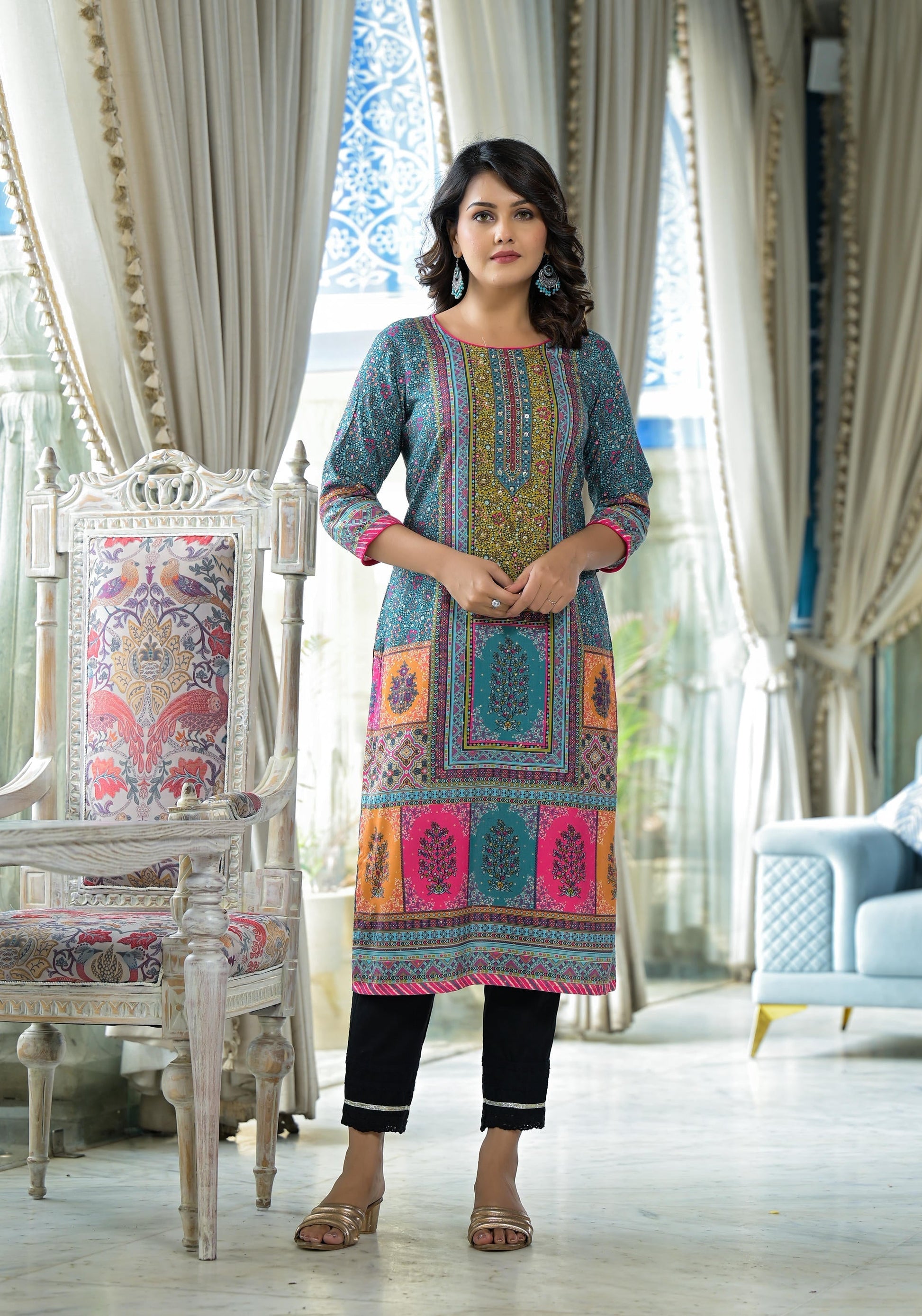 Juniper Blue Floral Printed Liva Rayon Kurta With Beads & Sequins Work | Grab2Buy